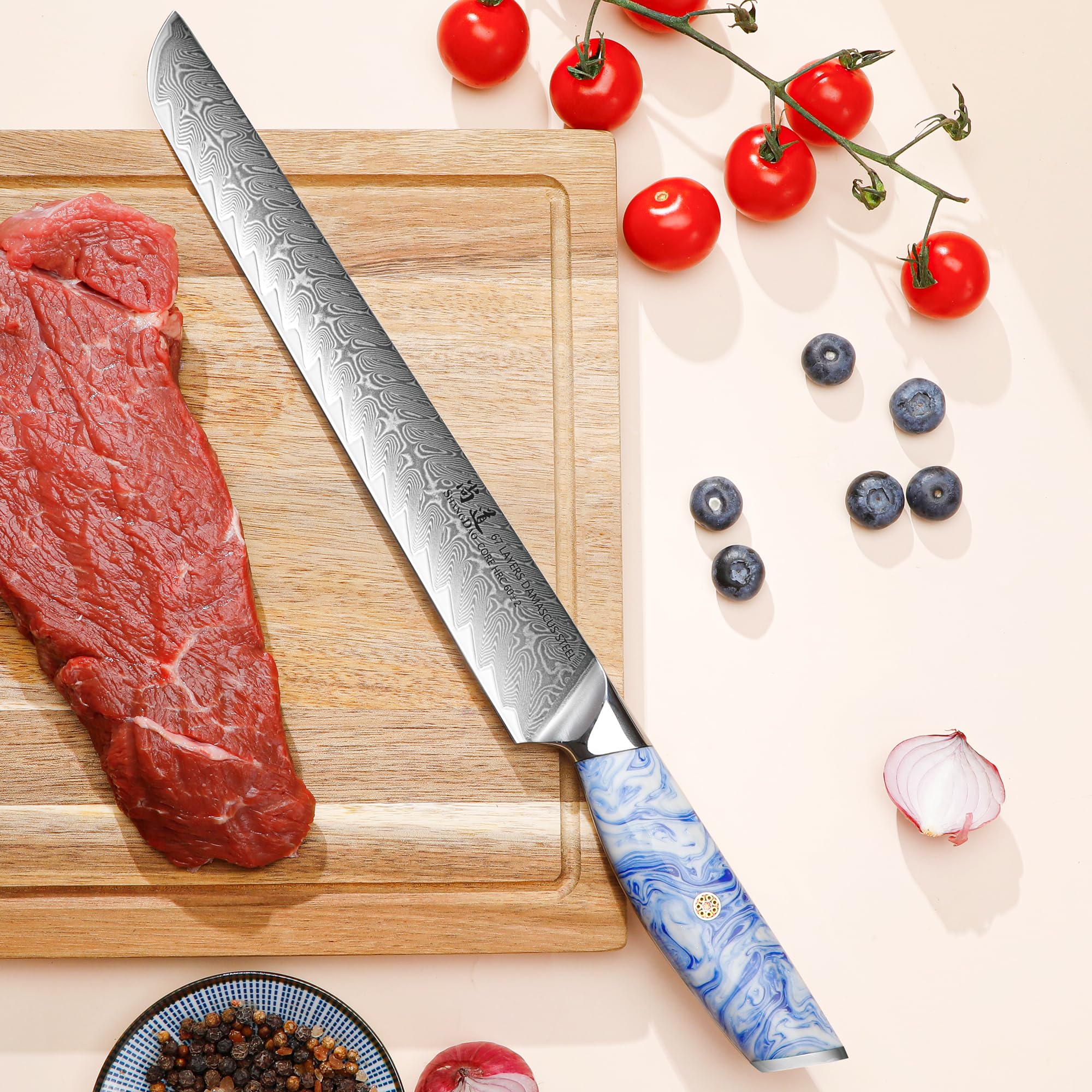 SHANGDAO Coltello per affettare Brisket 10 pollici Acciaio damasco forgiato VG 10 Codolo completo
