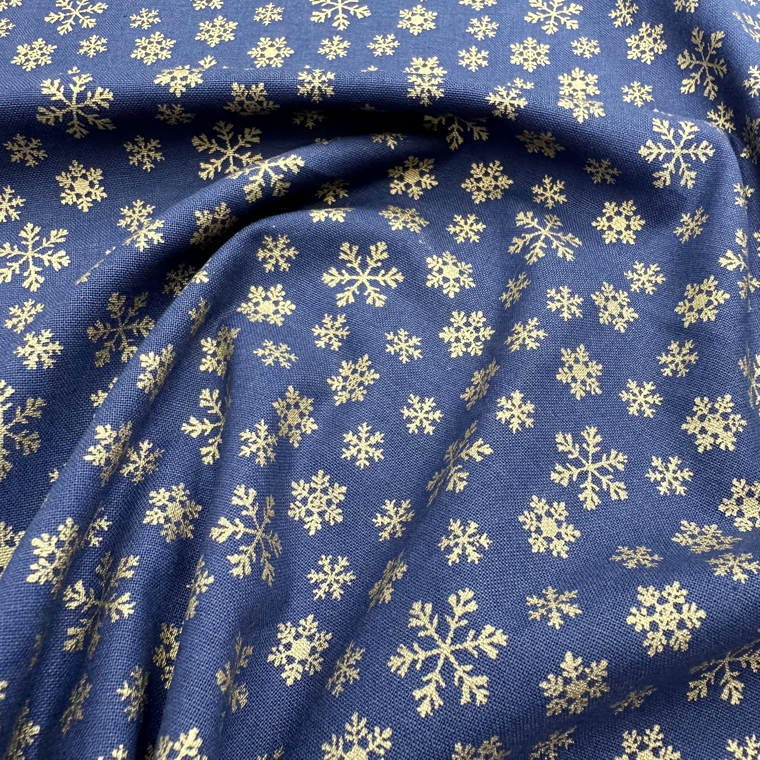 Glamour Secrets Blue Christmas Fabric - Gold Snowflakes On Navy - Xmas Craft Fabric Material Metre