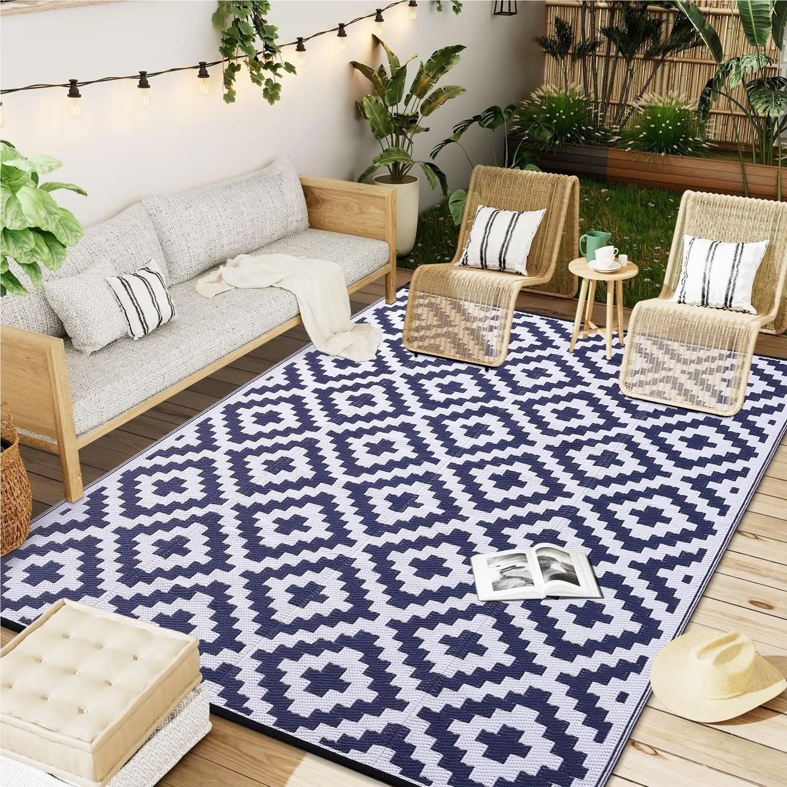 Dywan na zewnątrz, Dywaniki na taras, podwórko, piknik rodzinny, balkon, dywaniki do ogrodu, kempingu(Blue White,6X9inch(180x270cm))