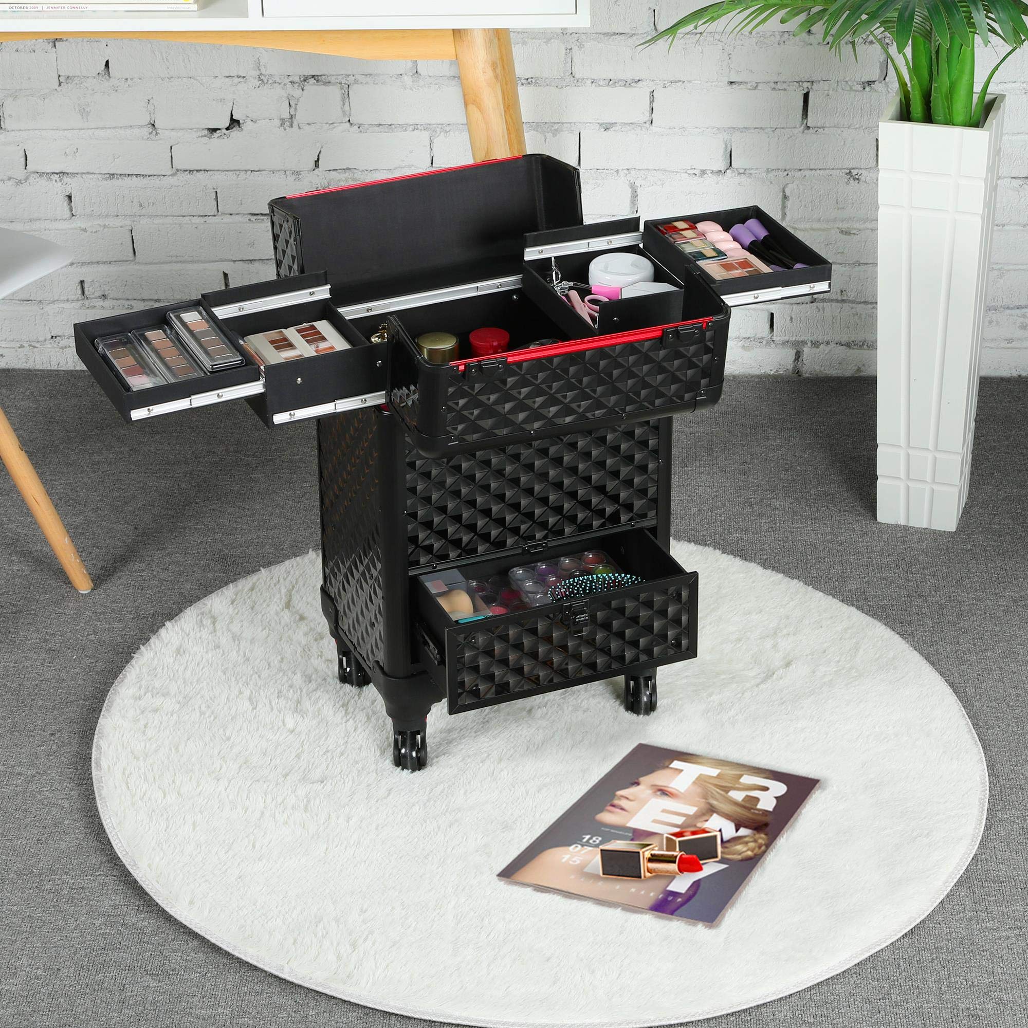 Yaheetech Alu Kosmetikkoffer Friseurkoffer Trolley Schminkoffer Beauty Case 34,3 x 24,2 x 55,5 cm schwarz