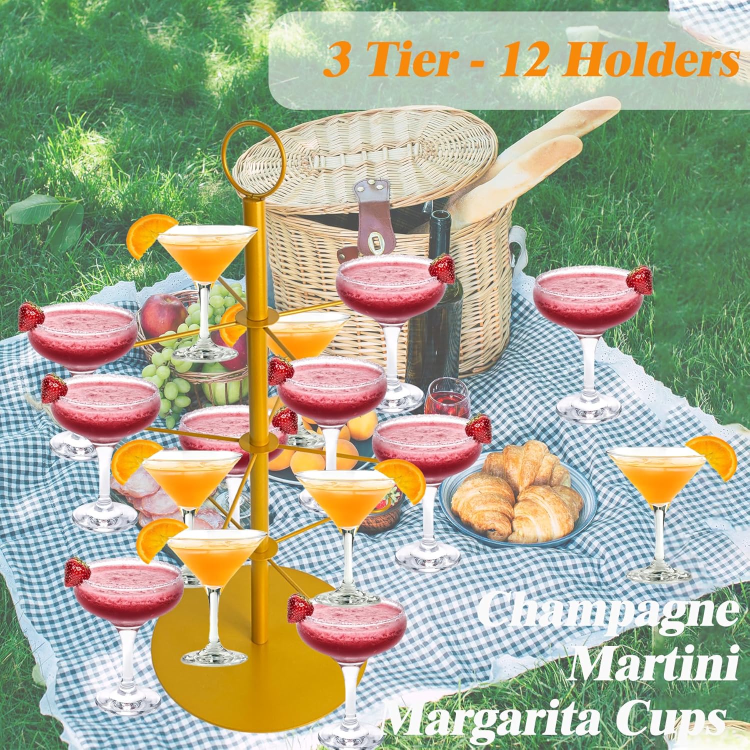Champagne Tower for Parties, 3-Tier 12-Glasses Cocktail Tree Stand Countertop Wine Glass Holder for Drinks, Champagne Stand Drink Tower Wine Glasses Display for Champagne , Martini, Margarita Cups