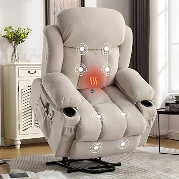 Fabric Lift Chair with Heat and Massage, 65Power Recliner Chair with Extended Foot Rest, Remote Control, Arm Storage for Elderly, Tall People Beige