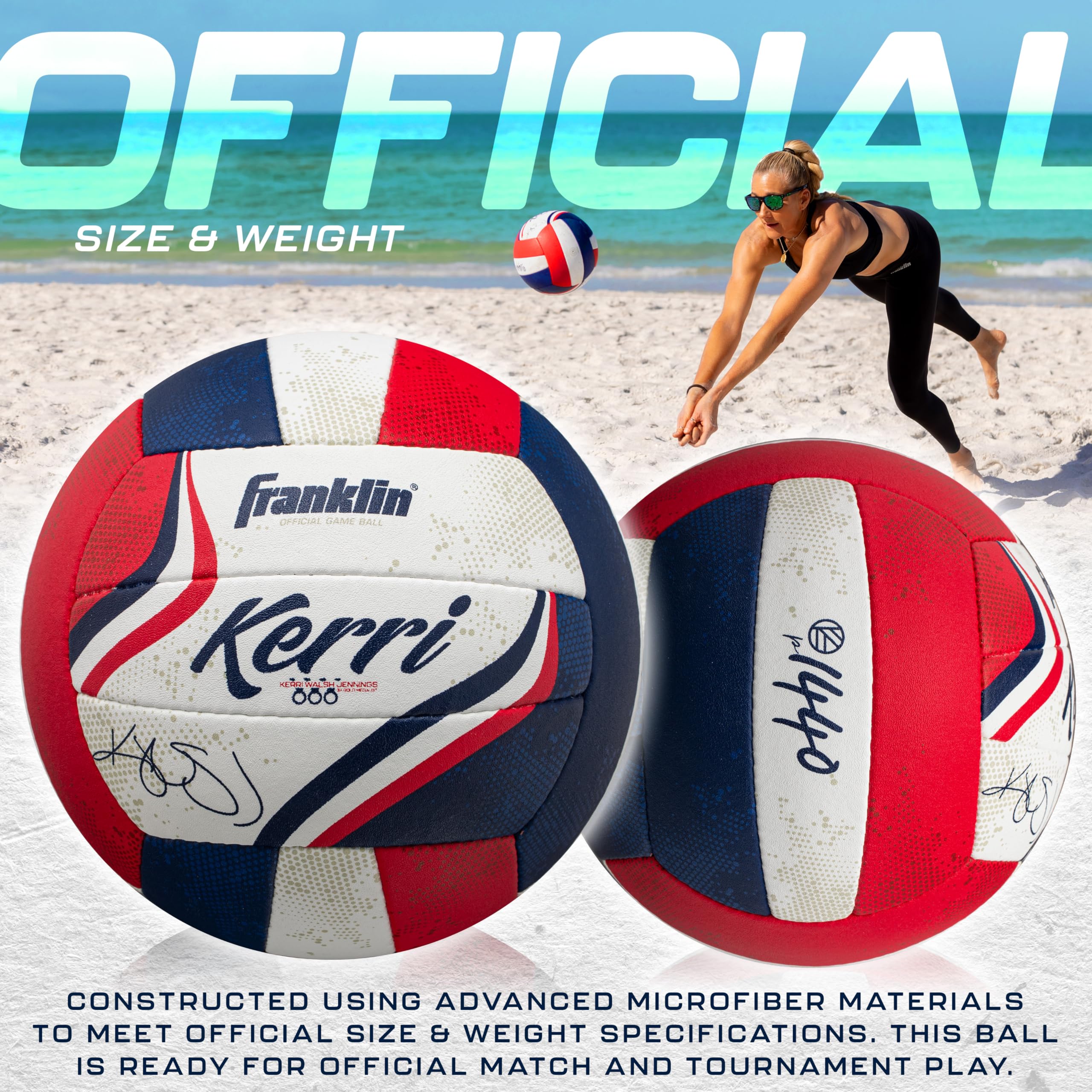 Franklin Sports Kerri Walsh Offizieller Beach-Volleyball – USA Colors Beach Volleyball – Offizielle Größe + Gewicht – Authentischer Match Volleyball – Pumpe + Nadel