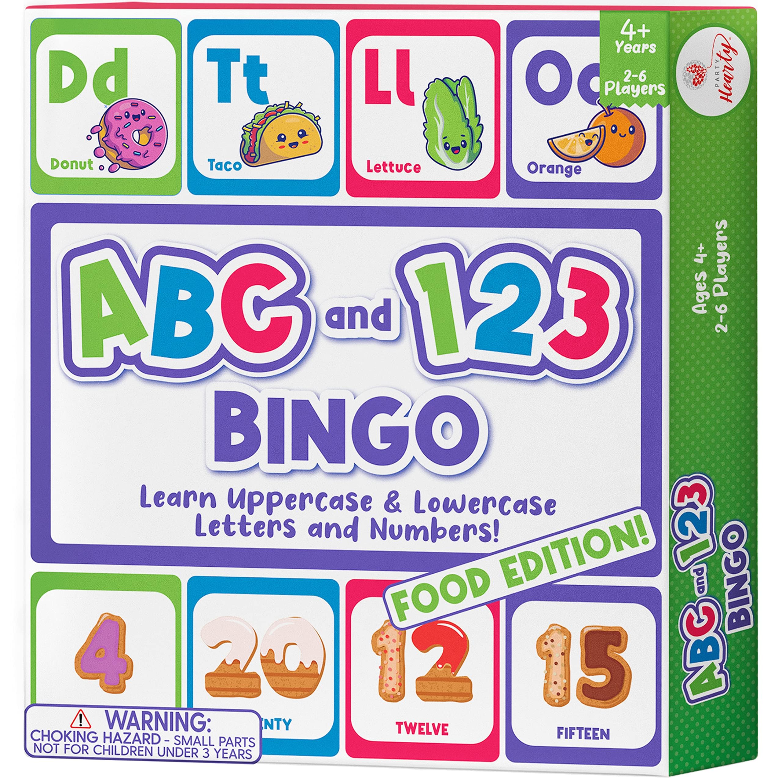Party Hearty Alphabet and Number, ABC and 123 Bingo Board Game for Kindergarten and Preschool Kids Learn to Read Fun 2 Versions for Ages 4 and Up (Food Edition)
