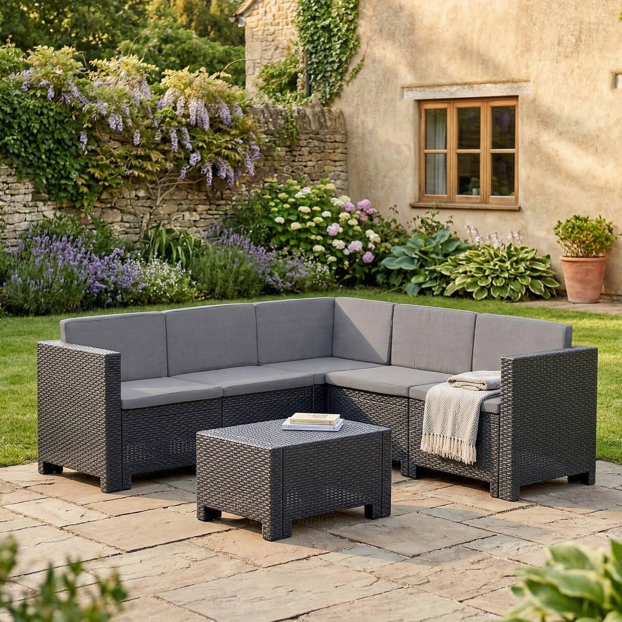 Dmora - Set salotto da esterno Encelado, Salottino outdoor, Set da balcone o giardino, Composizione soggiorno per esterni, Made in Italy, Antracite