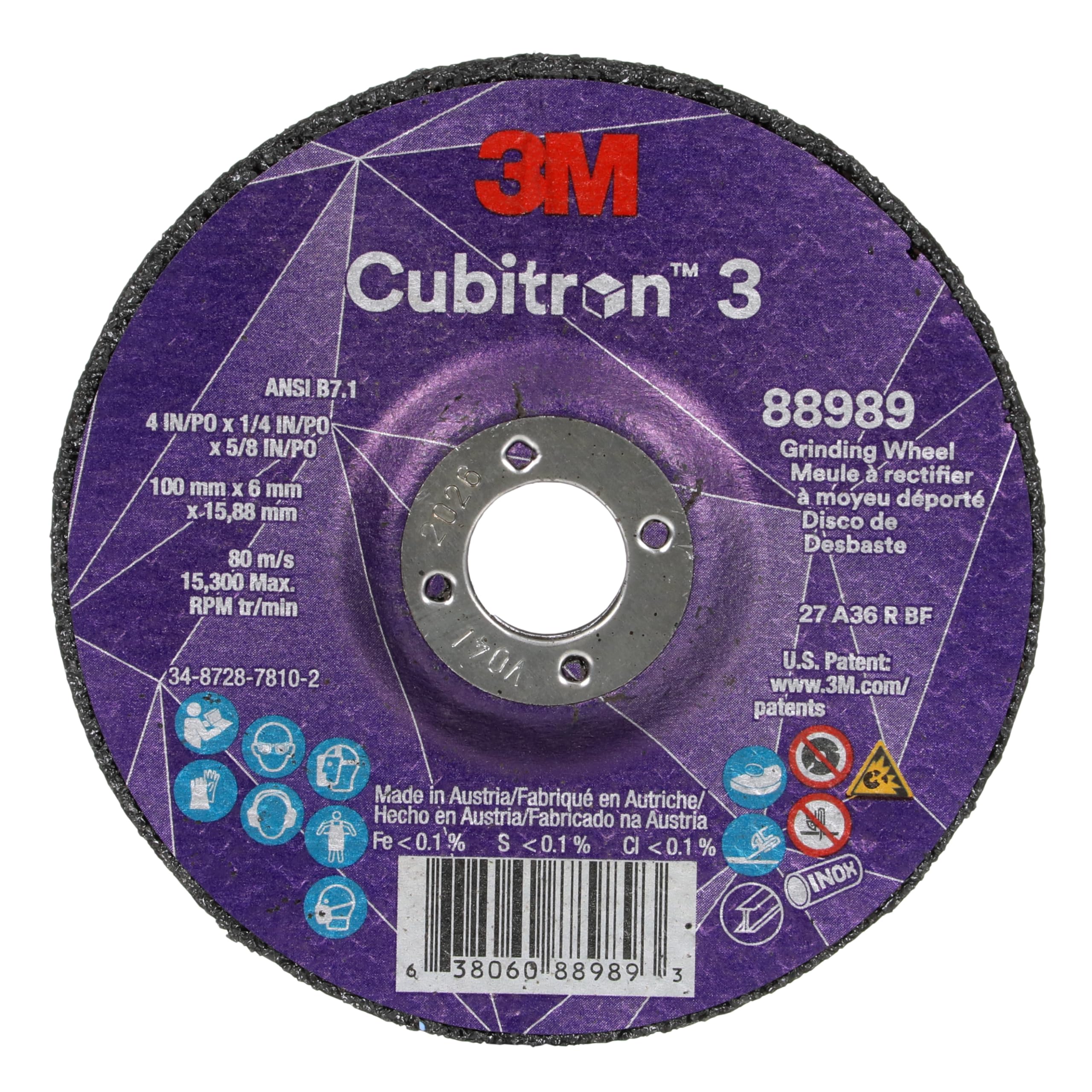 3M Cubitron 3 - Rueda de molienda central deprimida, 88989, 36+, T27, 4 x 1/4 x 5/8 pulgadas (100 x 6 x 15.88 mm), ANSI, grano en forma de precisión, biselado, molienda de soldadura, desbarbado