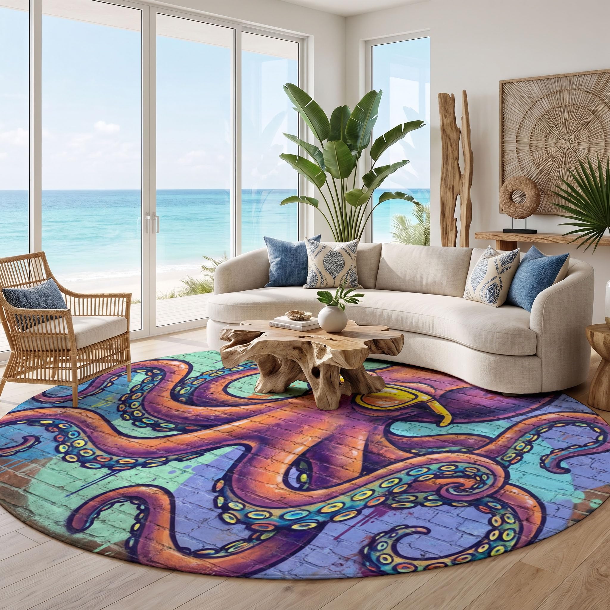Tapis Rond Mur De Briques Pieuvre 120cm | Art De Graffiti sur Mur De Briques Rond Tapis Doux Résistant, Lavable Antidérapant pour Chambre à Coucher Salle à Manger