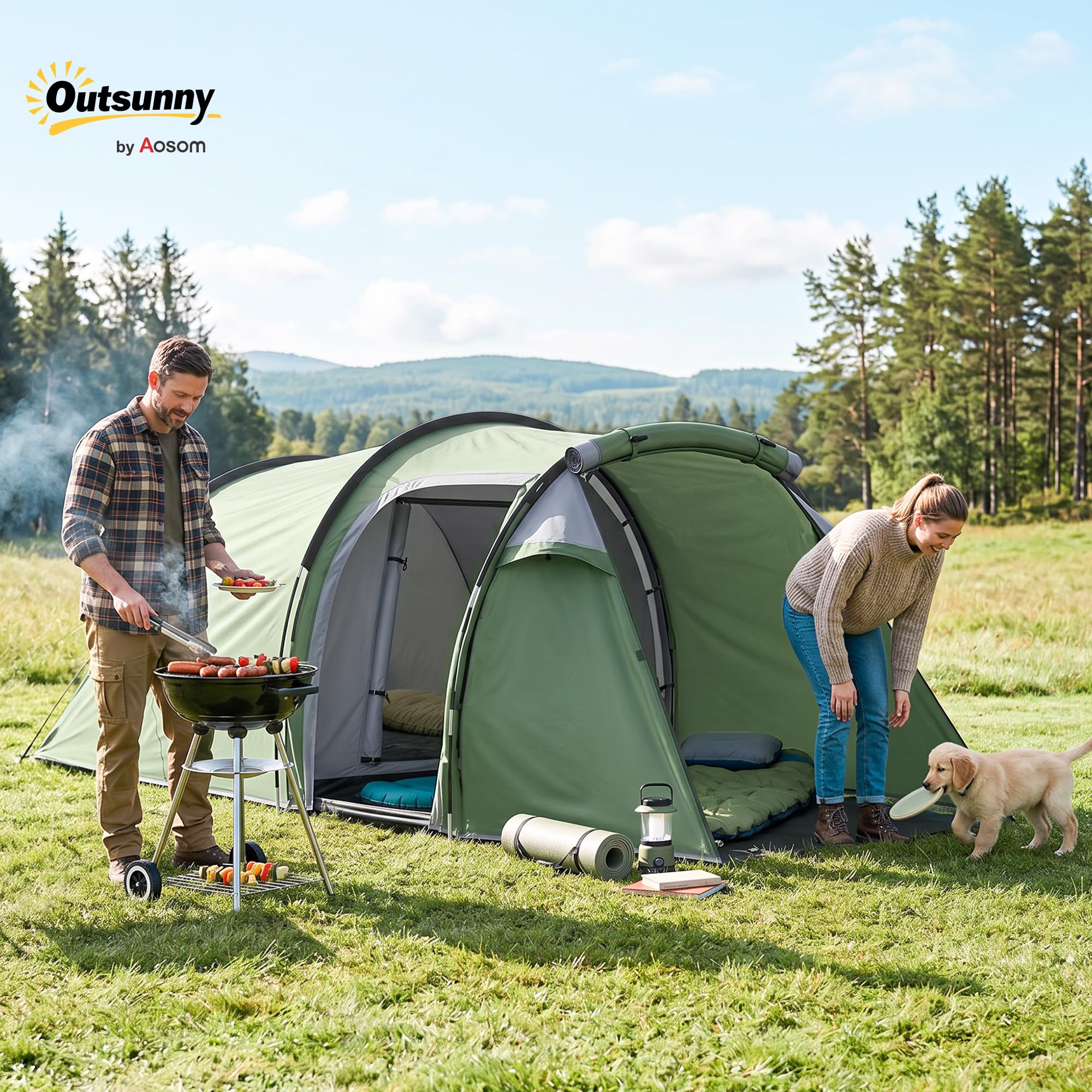 Outsunny Tenda da campeggio per famiglie per 2 persone, tenda a tunnel ventilata, facile da montare, camera da letto, soggiorno, 3 porte, finestre, 4,26 x 2,06 x 1,54 m, fibra di vetro poliestere PE