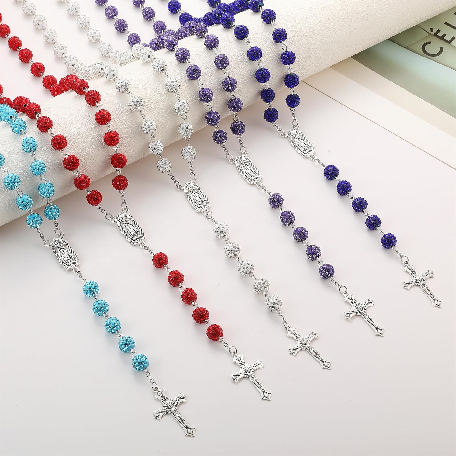 SKQIR Rosary Beads Catholic Crucifix Cross Necklace for Men Women Our Lady of Guadalupe Prayer Medal Jesus Wall Crucifix Cross Rosary Rhinestone Beads Religious Christian Jewelry Gifts for Men Women - Image 5