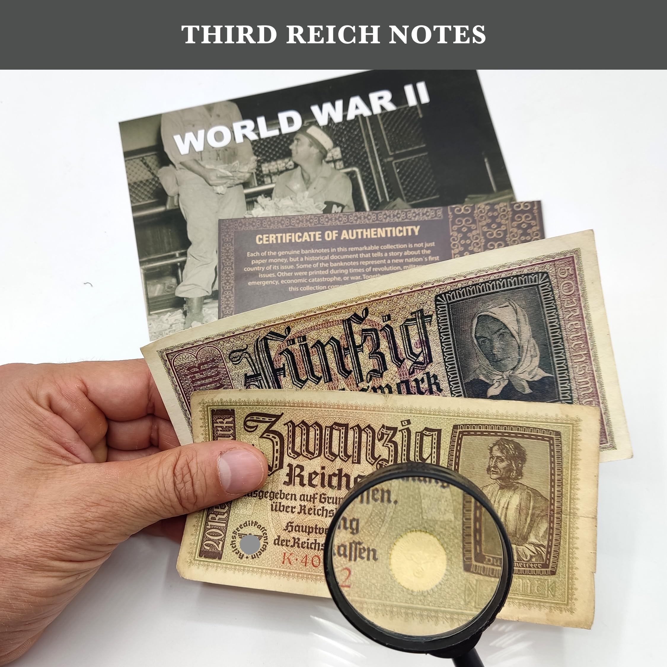 IMPACTO COLECCIONABLES 2 Billets Authentiques du Reich Allemand (1939-1945) - Pièces Historiques de la Seconde Guerre Mondiale - Certificat d’Authenticité