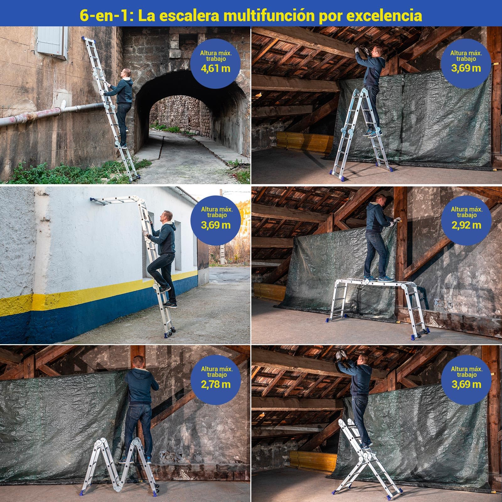HOSTRÖM Escalera Plegable articulada STAVALANCE 4x3 escalones, andamio multifunción, Separador de Muro, Taburete, 2 Placas para Plataforma de Trabajo.