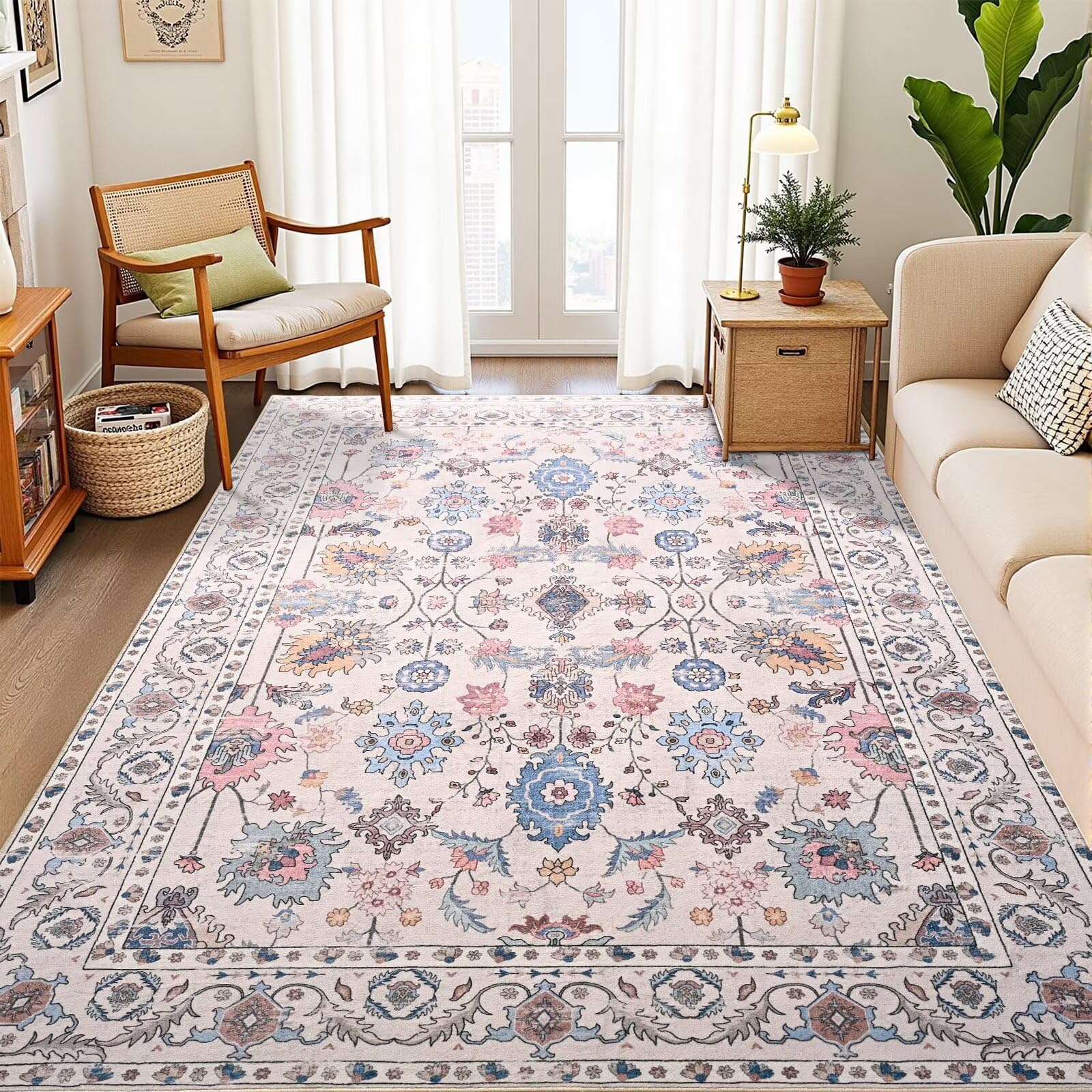 vasofe 8x10 rug for living room, washable bedroom rugs for dining room, cream indoor floor mat, vintage floral mats for home decor, farmhouse, laundry room, non slip low pile soft modern carpet