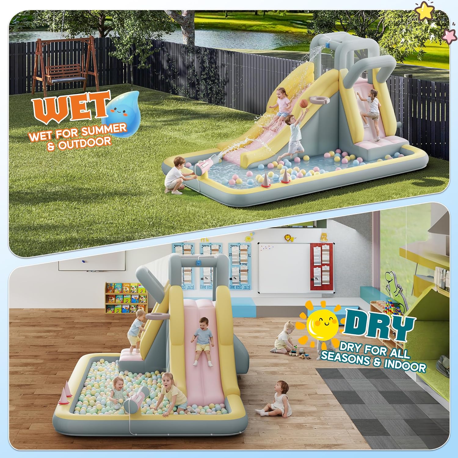 Albott Inflatable Bounce House, Water Slide with Jumping Area, Climbing Wall, Splash Pool and Water Gun, Indoor Outdoor Jumper for Little Children, Air Blower Included, Pastel Color, 154x106x75 Inch