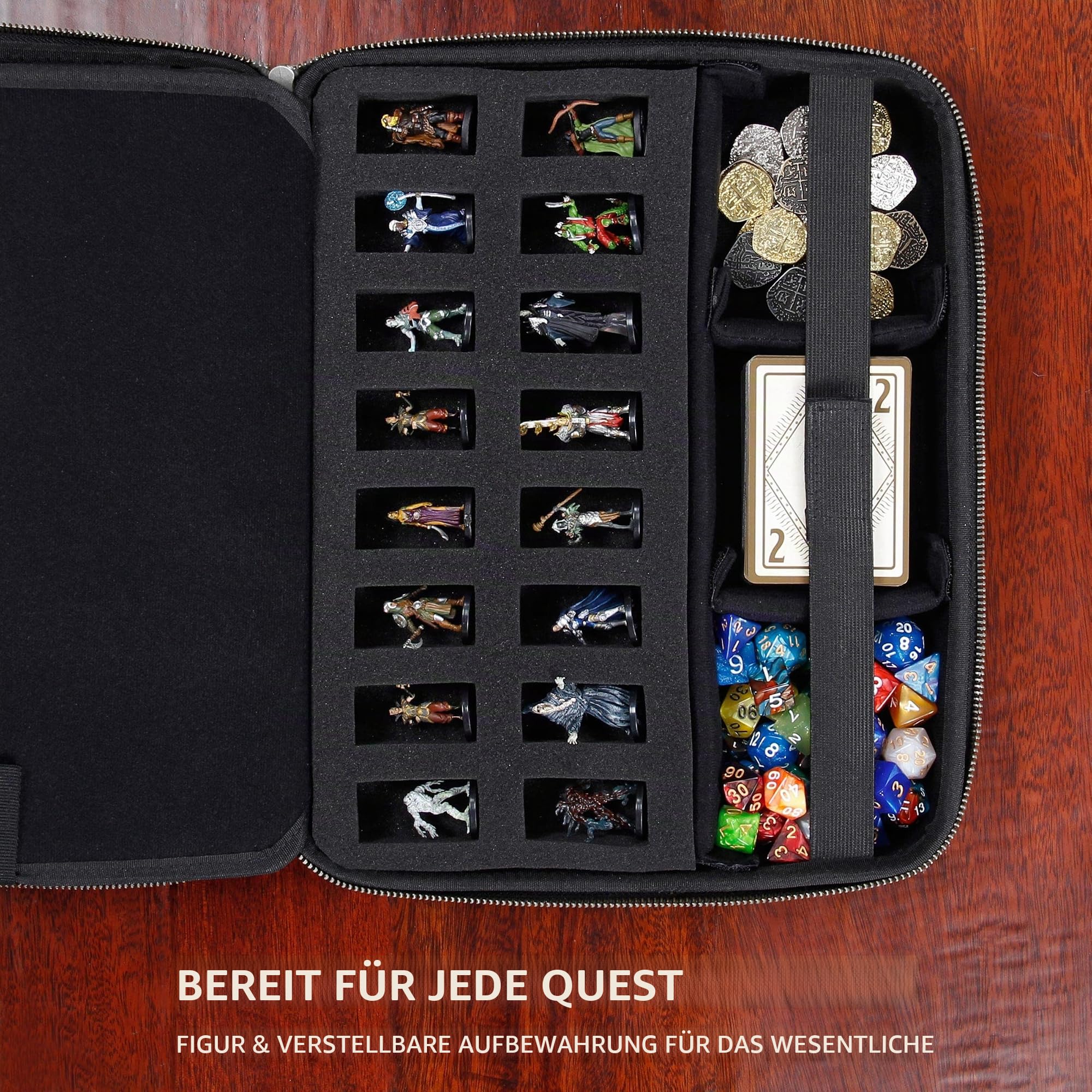 Enhance RPG-Organizer-Tasche – DND-Ordner mit integriertem Zeichenblatthalter und löschbarem Anreißfeld, Würfelrollbereich, Abnehmbarer Stifttasche, Miniatur-Schaumstoffablage, Handgelenkschlaufe