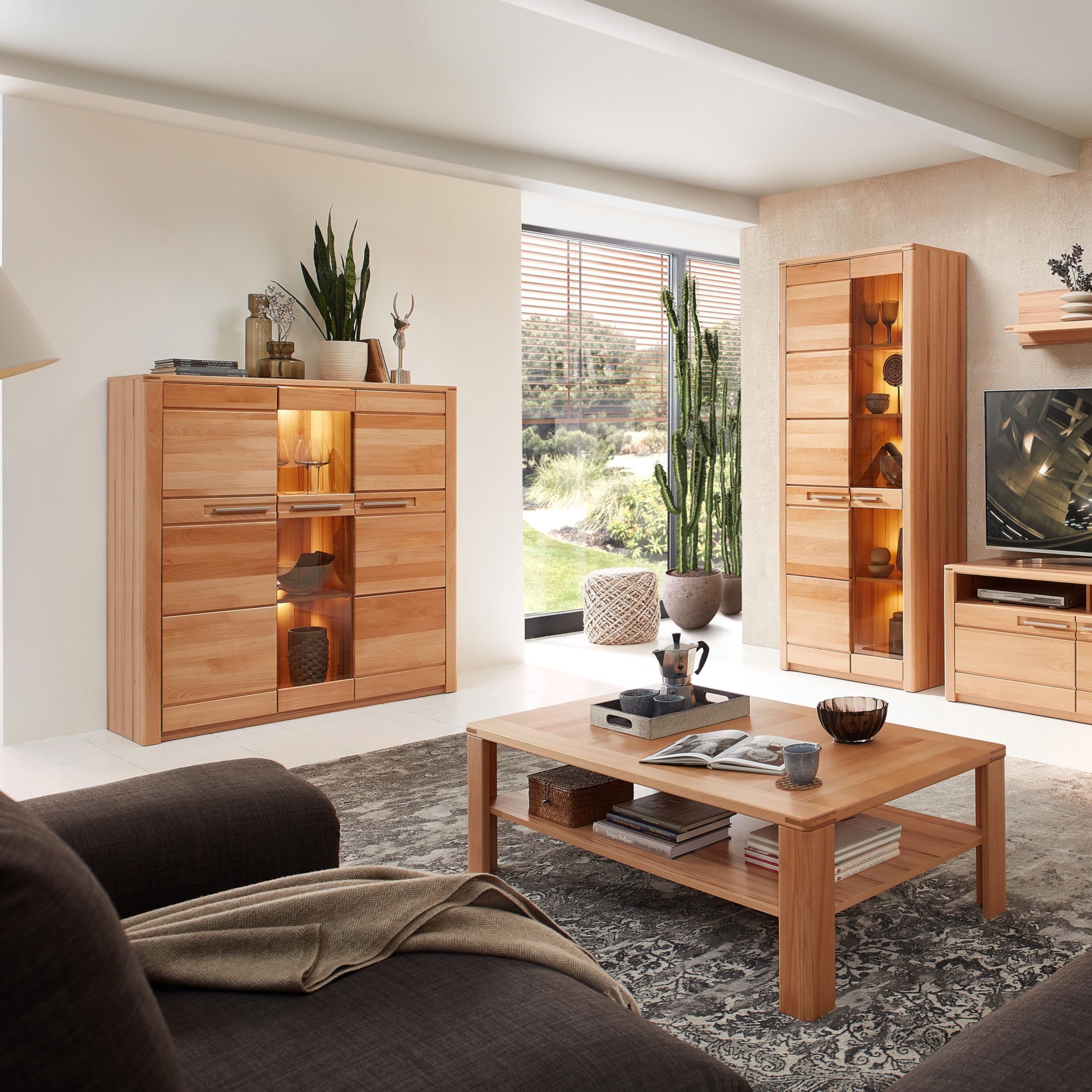 Nature ONE Highboard in Kernbuche Teil-massiv FSC-Zertifiziert - Moderner Wohnzimmerschrank mit viel Stauraum und LED-Beleuchtung - 127 x 137 x 40 cm (B/H/T)