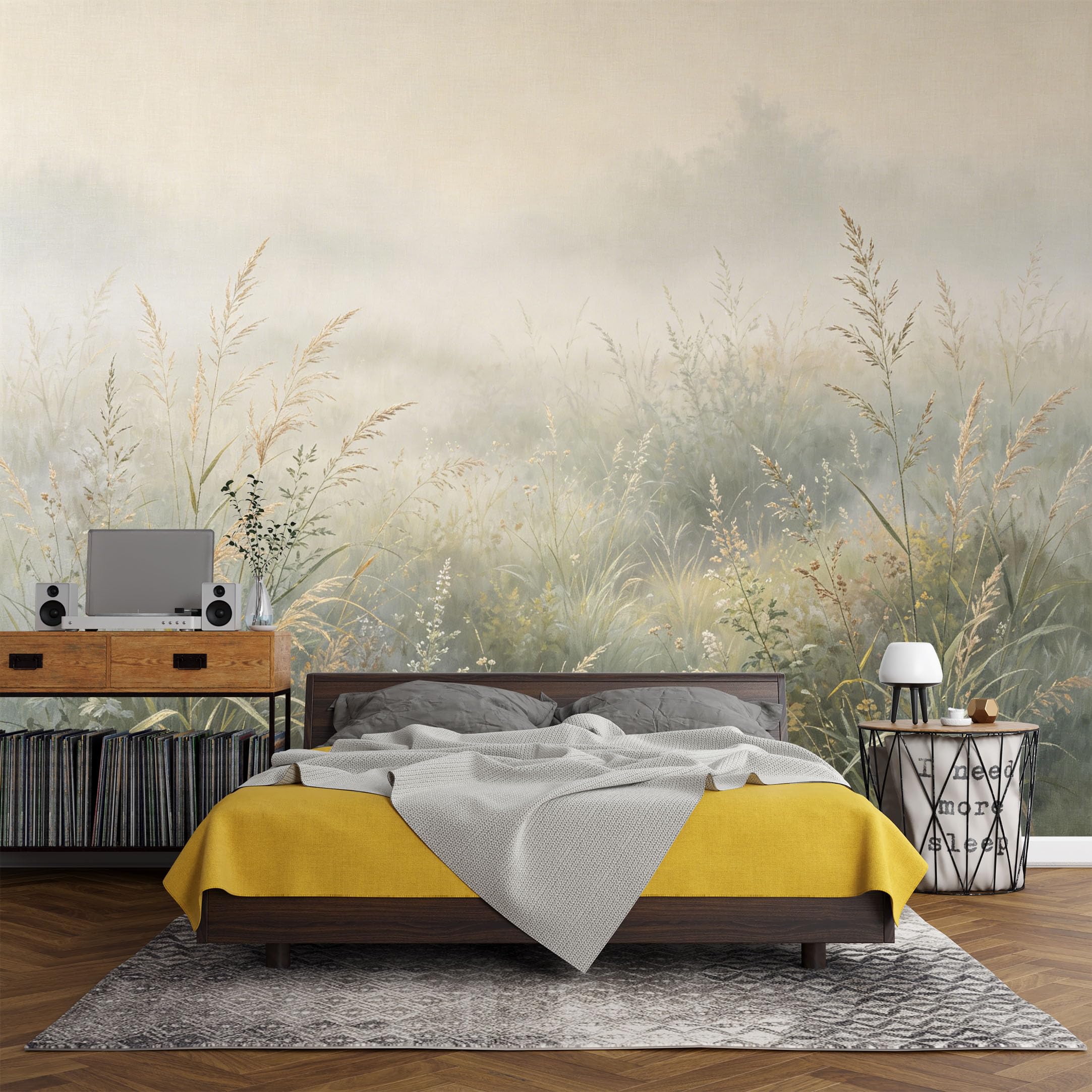 Custom Size Wall Mural， Botanical Misty Meadow Grassland Morning Fog Landscape，SelfAdhesive Art Prints wall Fabric(No PVC) Removable Wallpaper Living Room Decor