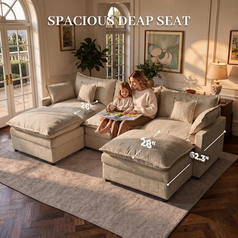 108" U Shaped Cloud Couch Modular Sectional Sofa with Movable Ottomans image 5