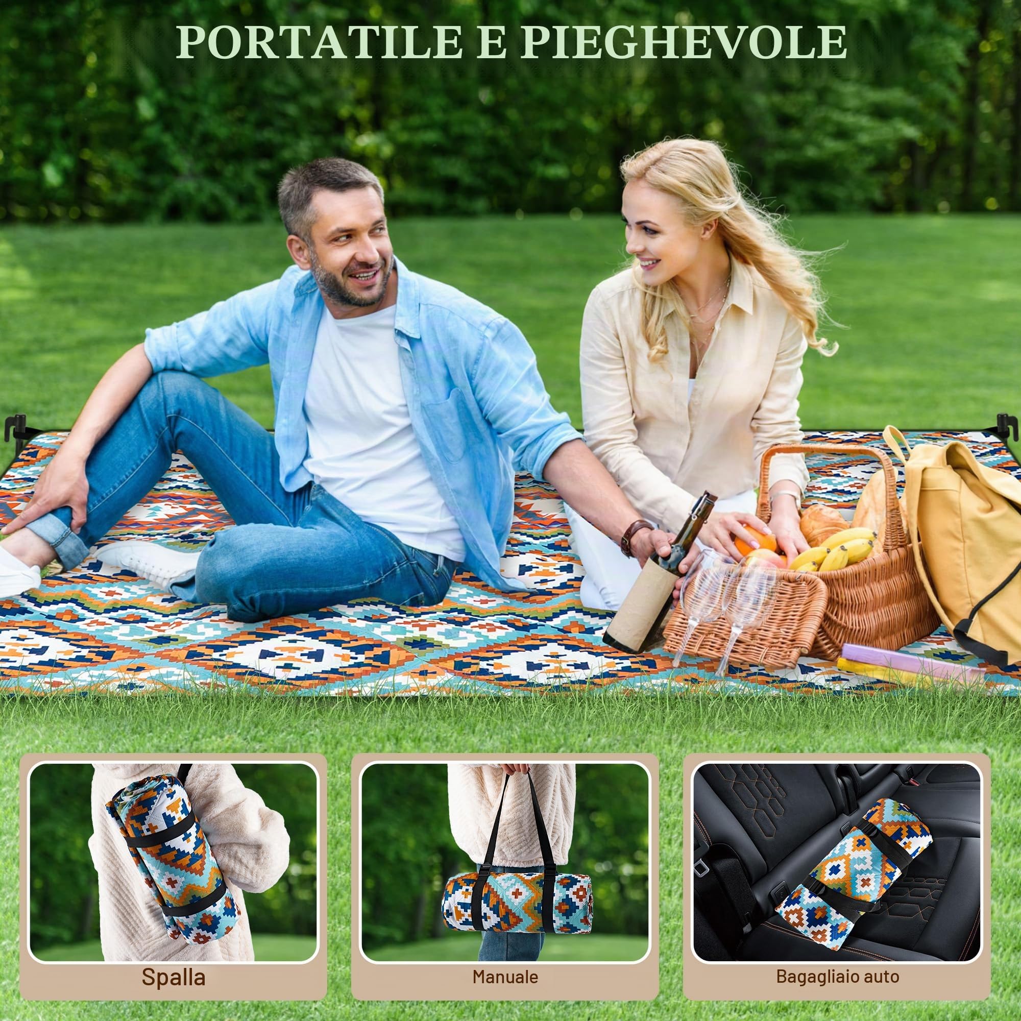 Gucass Coperta Picnic Impermeabile 200 x 200 cm con 4 Picchetti Antivento, Tappetino da Spiaggia Portatile Pieghevole per Campeggio Esterno
