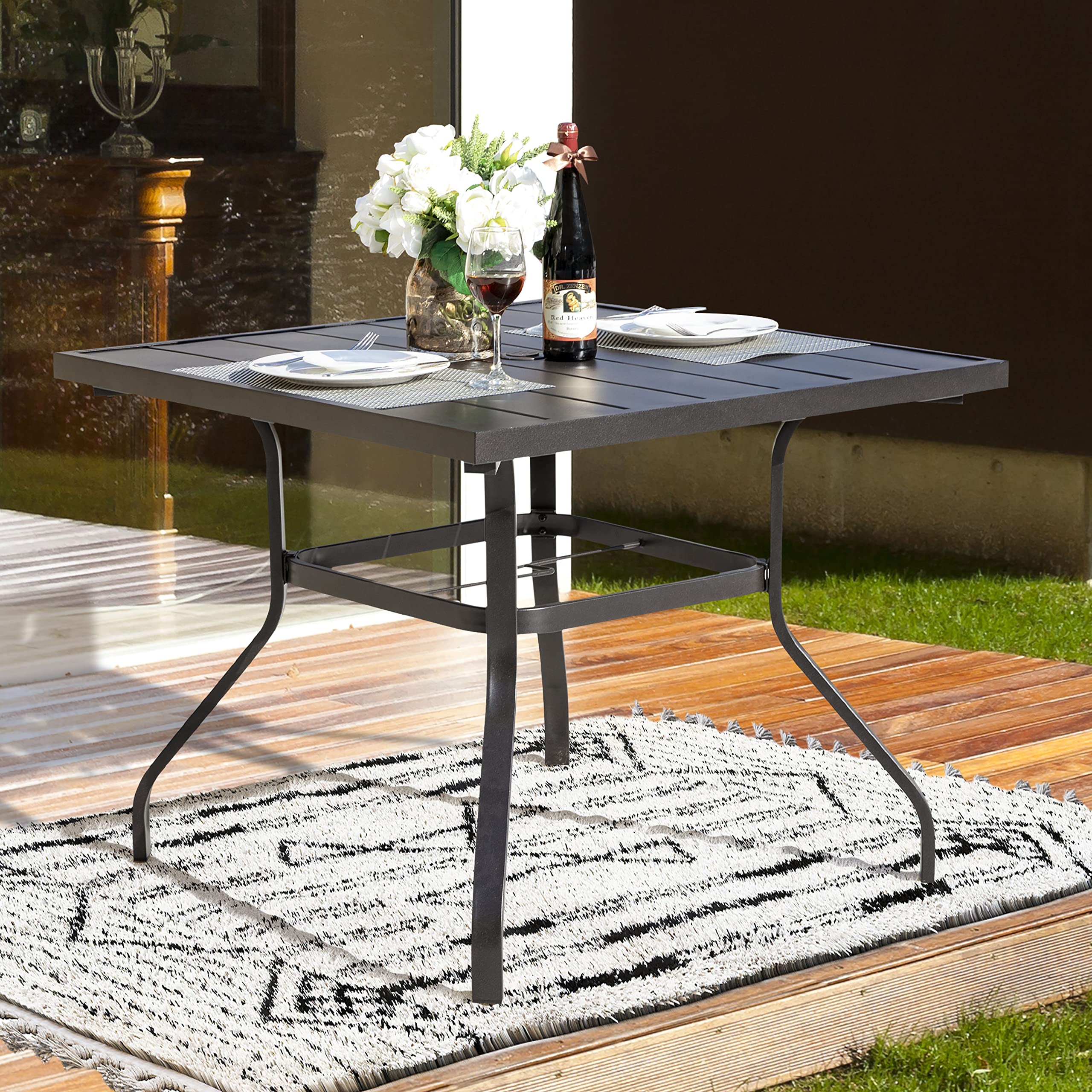 NUU GARDEN Outdoor Dining Table with Umbrella Hole, All Weather Metal Outdoor Patio Table, 4-Person Steel Slat Square Dining Table, Backyard Bistro for Garden, Backyard, Black : Patio, Lawn &