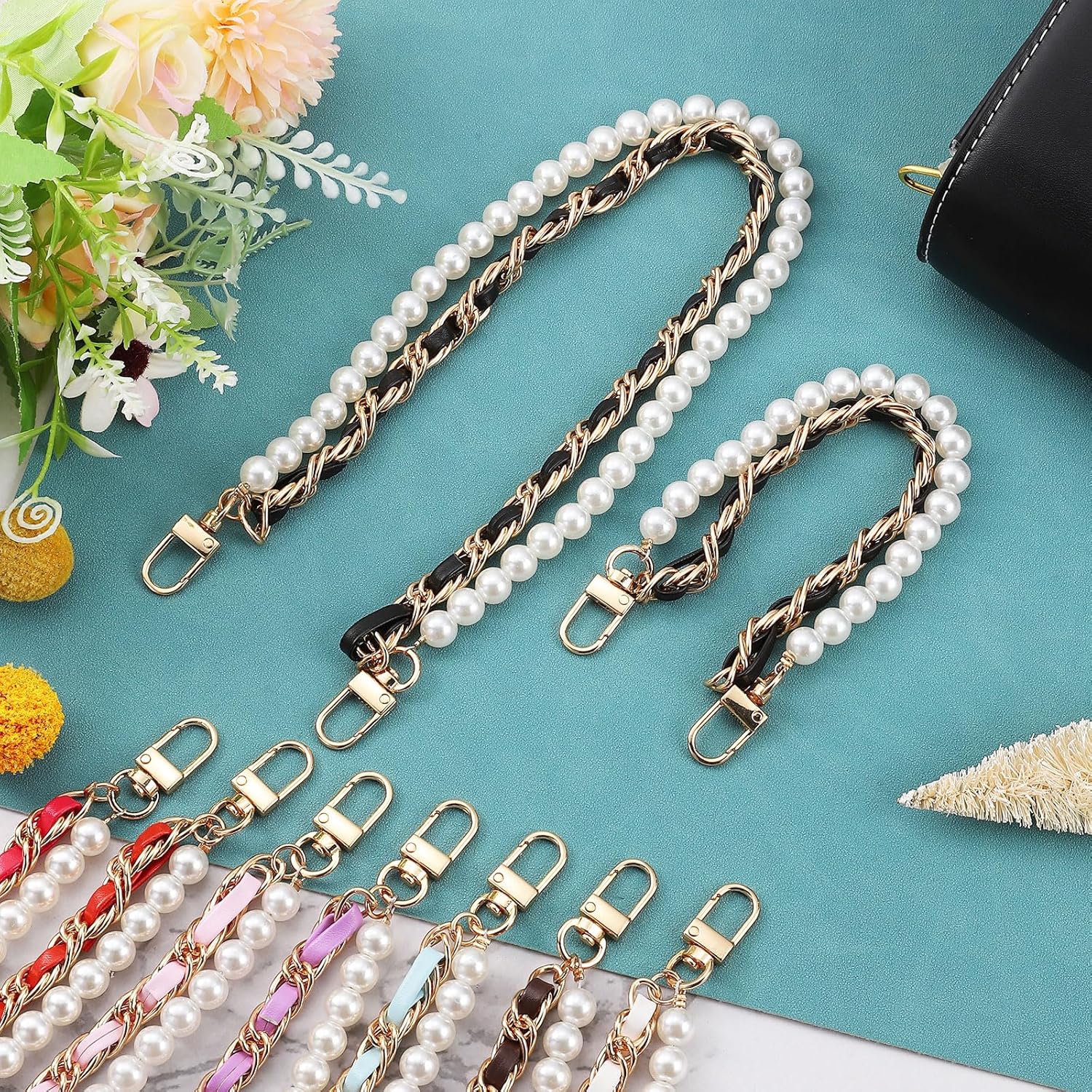 uxcell 17.7" Pearl Purse Double Chain, Metal Purse Extender Chain, PU Leather Double Handle Wrist Chain, Purse Handbag Strap Replacement Chain, (Pink, Gold Chain) - Image 5