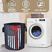Vista 6 de Cesta de lavandería con bandera americana de línea roja Ax de NUTAINLA, cesta plegable de tela Oxford para bomberos, bolsa divertida de mano, cesta