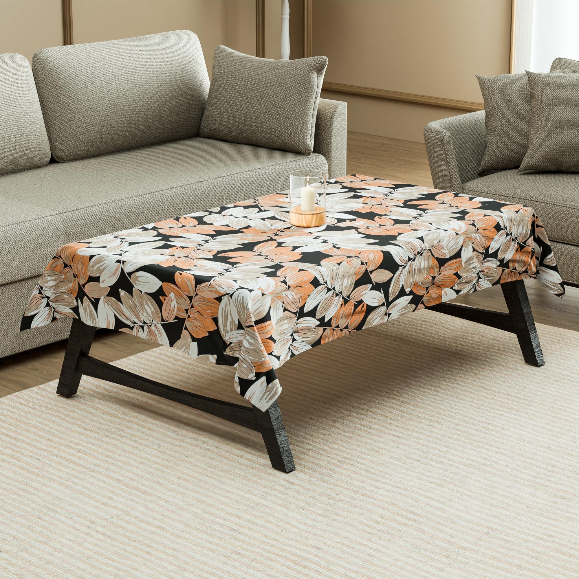 Kuber Industries 36x54 Inch PVC 4 Seater Table Cover Cloth | Multipurpose Rectangle Dining Table Cover/Cloth for Party and Events | Leaf - Black & Orange