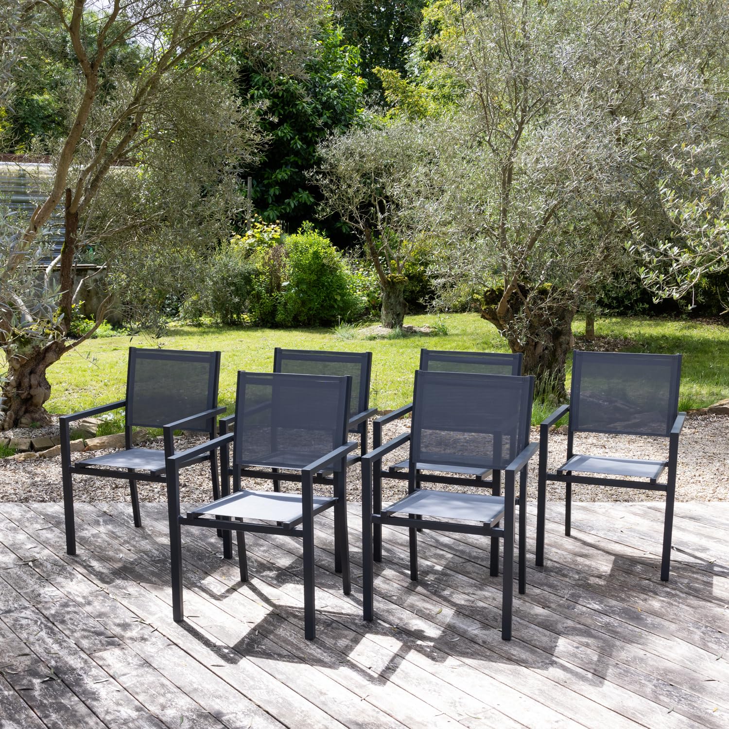 Happy Garden Lot de 6 chaises empilables en Aluminium Anthracite et textilène Gris