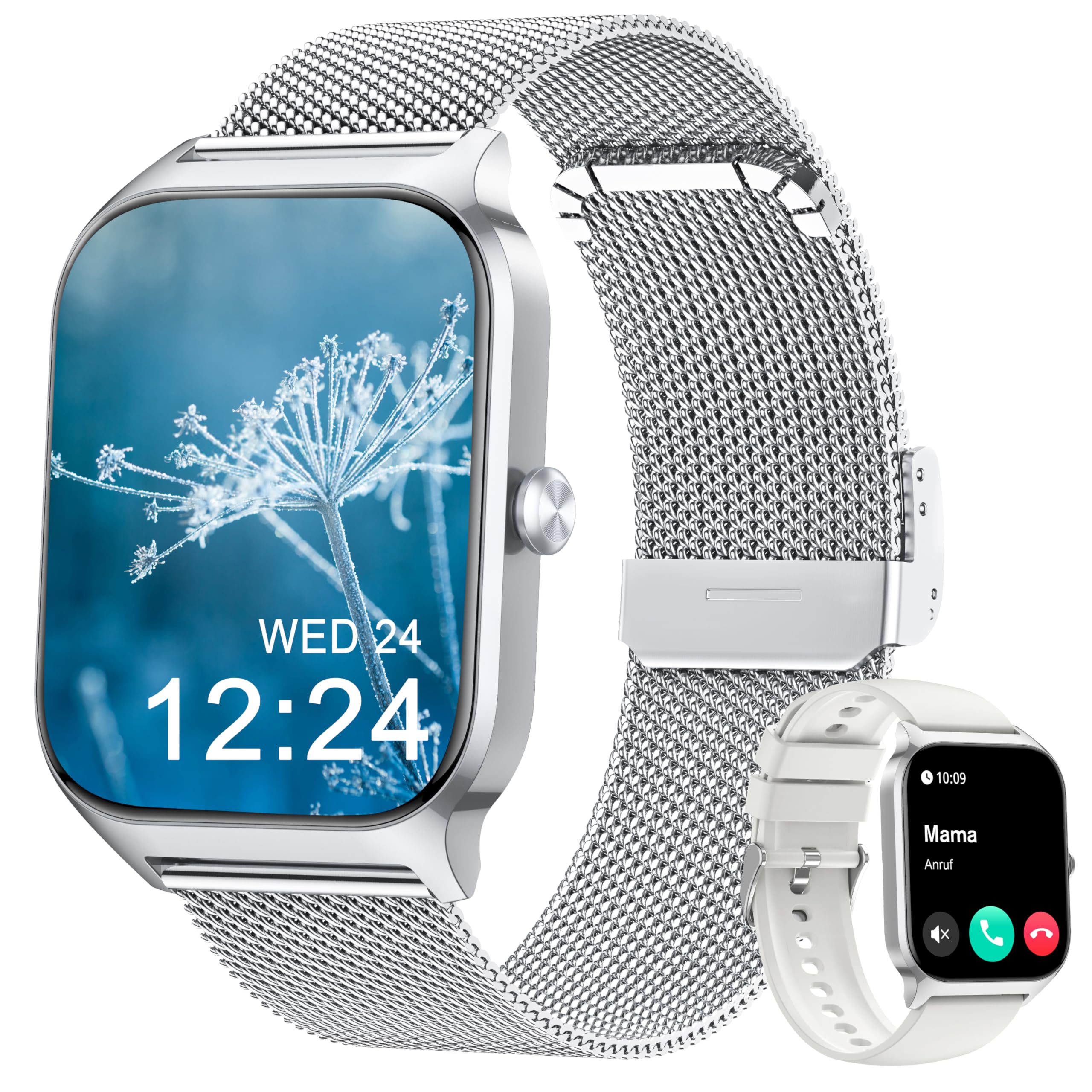 Popglory Smartwatch mit Telefonfunktion Herren Damen, 1,85 HD-Bildschirm Fitnessuhr, Blutdruckmessung Herzfrequenz SpO2 Druck Schlaf Menstruation, 100 + Sportmodi, Weltuhr Rechner Wetter, Android iOS