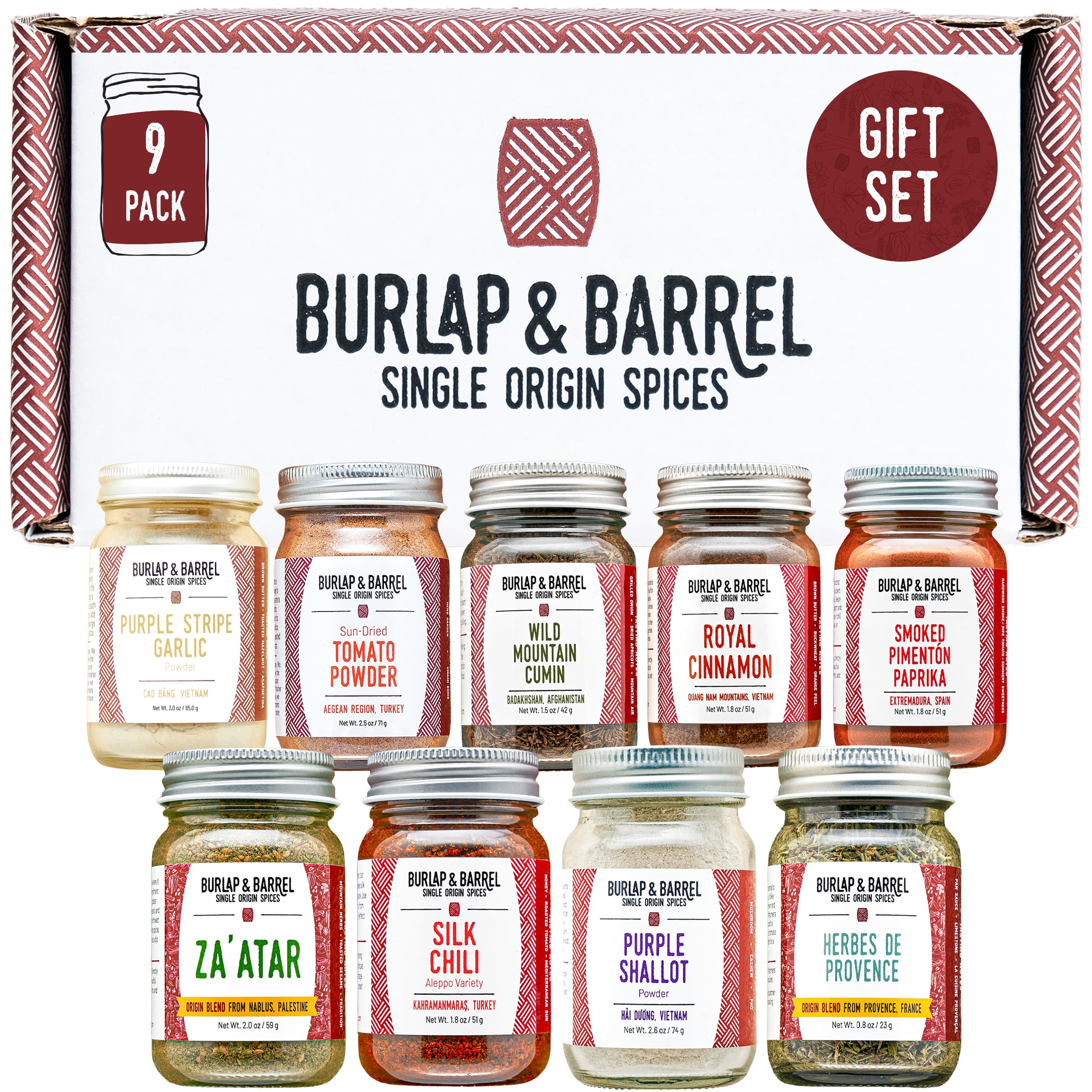 Burlap & Barrel 9-Pack Spice Gift Set – 9 Full-Size Jars of Favorite Spices for the Curious Cook – Includes Cinnamon, Garlic, Lime & More Seasonings -
