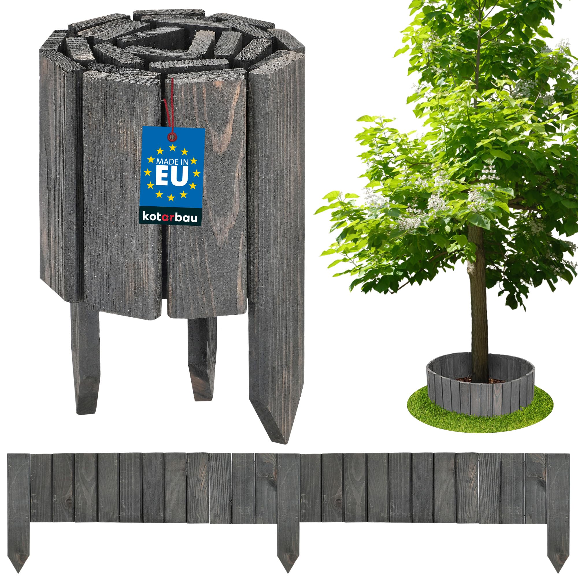 KOTARBAU® Lawn Edging - Garden Edging Border - Pine Wood - 110x15 cm (43.3x5.9 inches) - Anthracite - Flexible Log Roll Border - Wooden Mini Fence - Garden Decoration — image 1