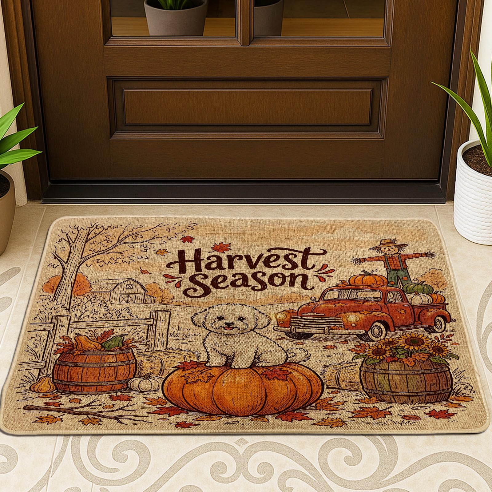 Tapete para puerta exterior de 29 x 17 de color negro decorativo para patio de otoño