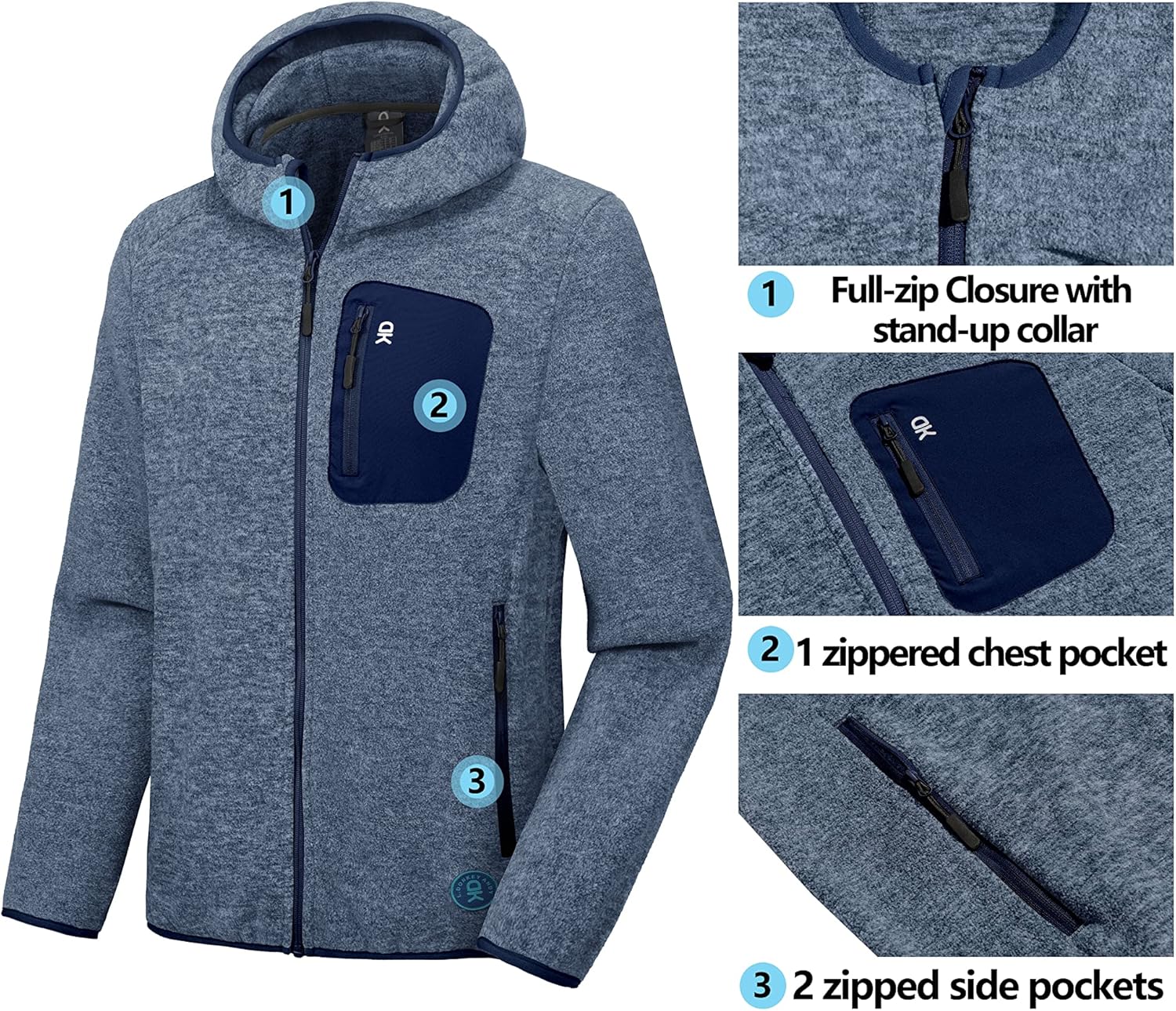 Little Donkey Andy Men's Lightweight Warm Polar Fleece Running Jacket Hooded Full Zip Hiking Golf Casual Jacket