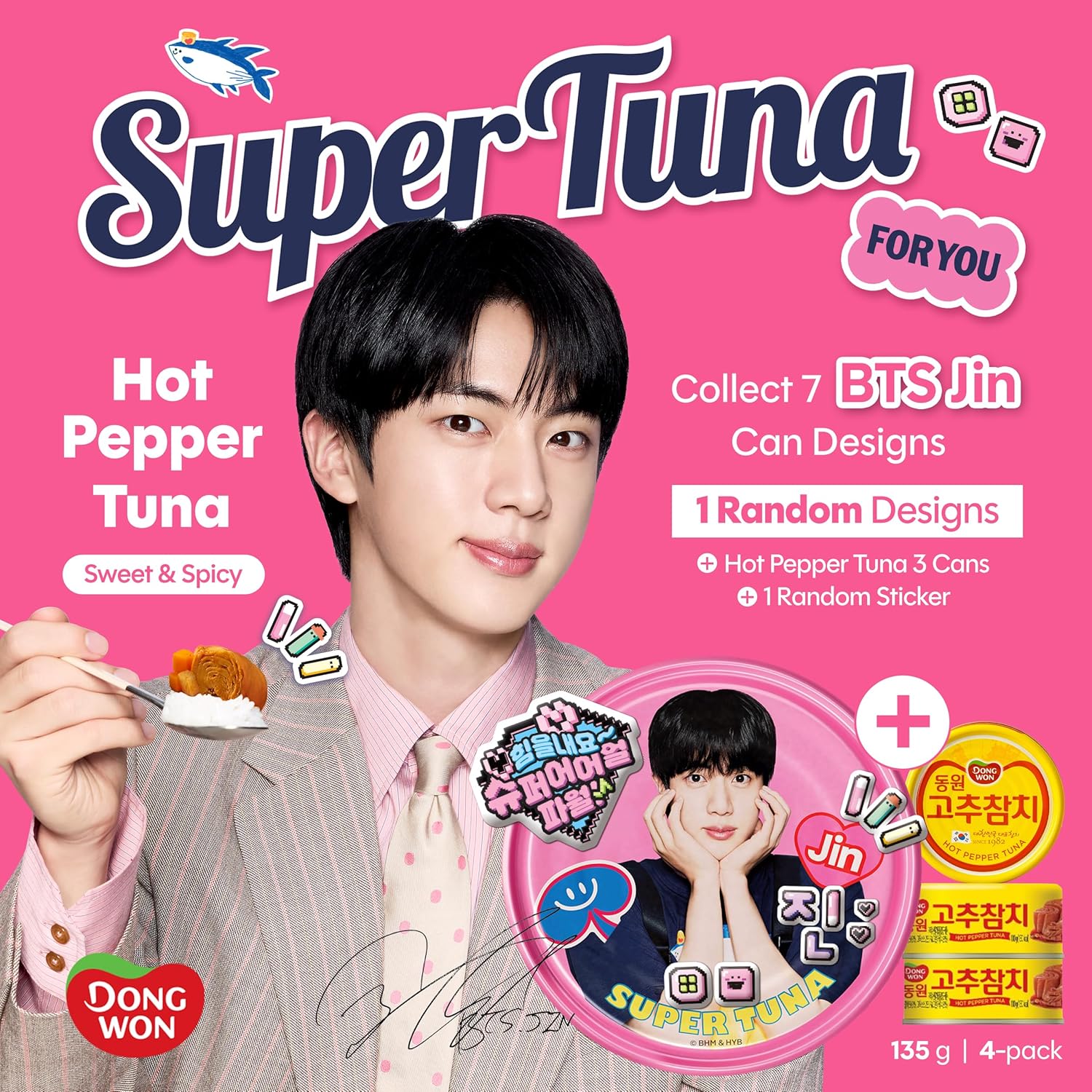 Dongwon Spicy Korean Tuna – BTS Jin Official Limited Edition 4-Pack | 1 Collectible Can (7 Designs) + 3 Original Cans + 1 Random Sticker | Wild-Caught Hot Pepper Tuna with Vegetables, 4.7oz Each