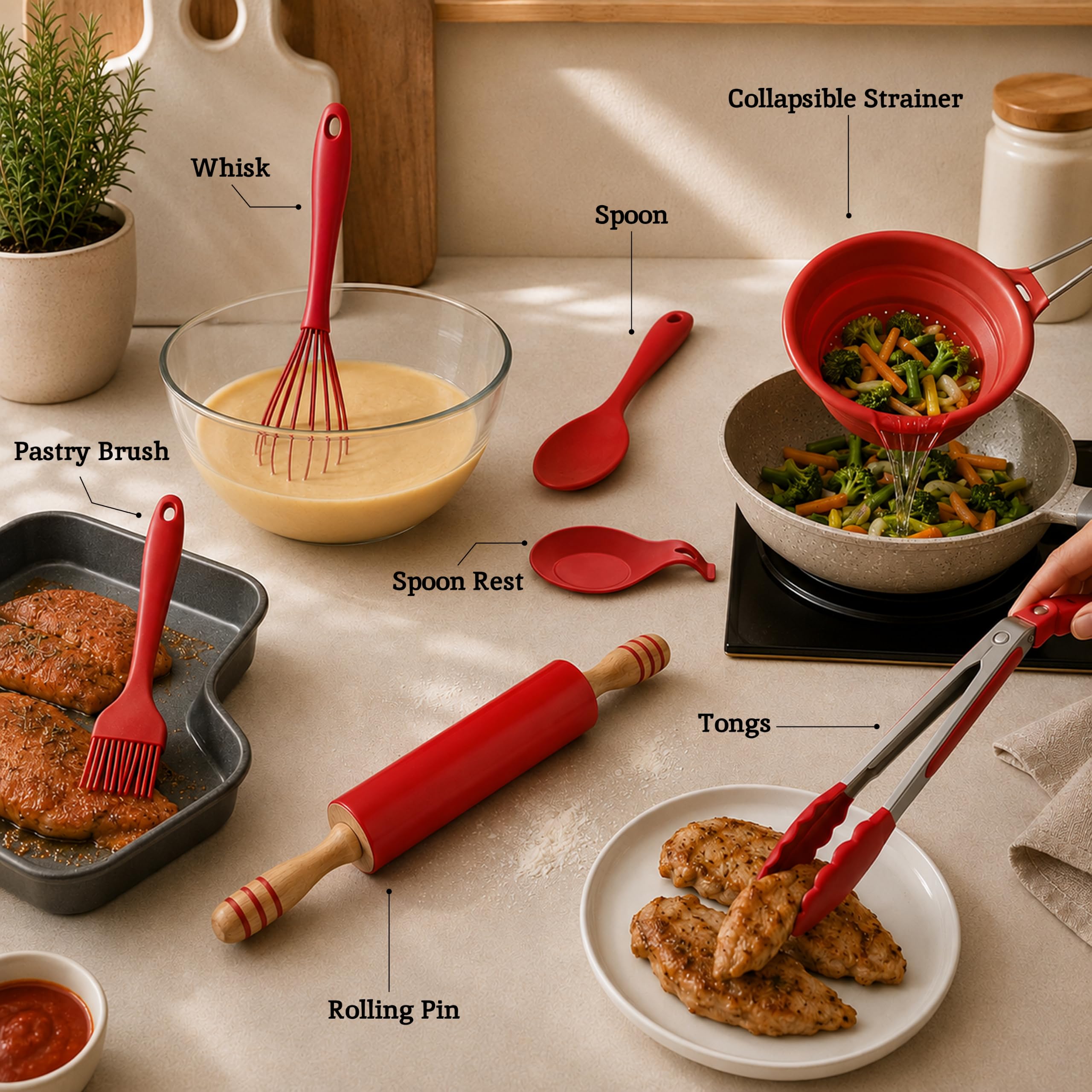 Premier Housewares - Juego de utensilios de cocina (7 piezas, silicona), color rojo