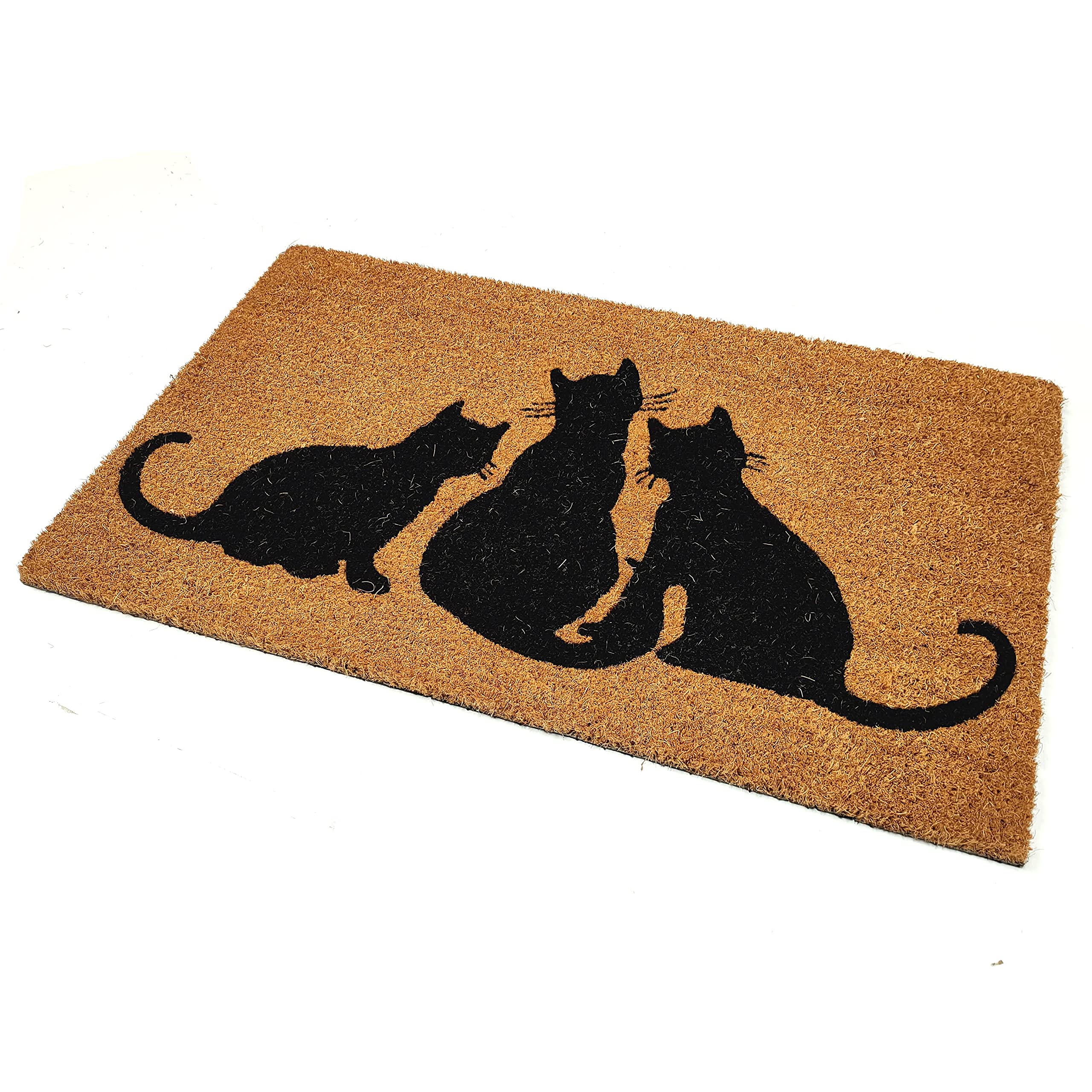 Black Ginger Large, Thick, Decorative, Patterned Coir Door Mats with Nature Designs (Cat Trio)