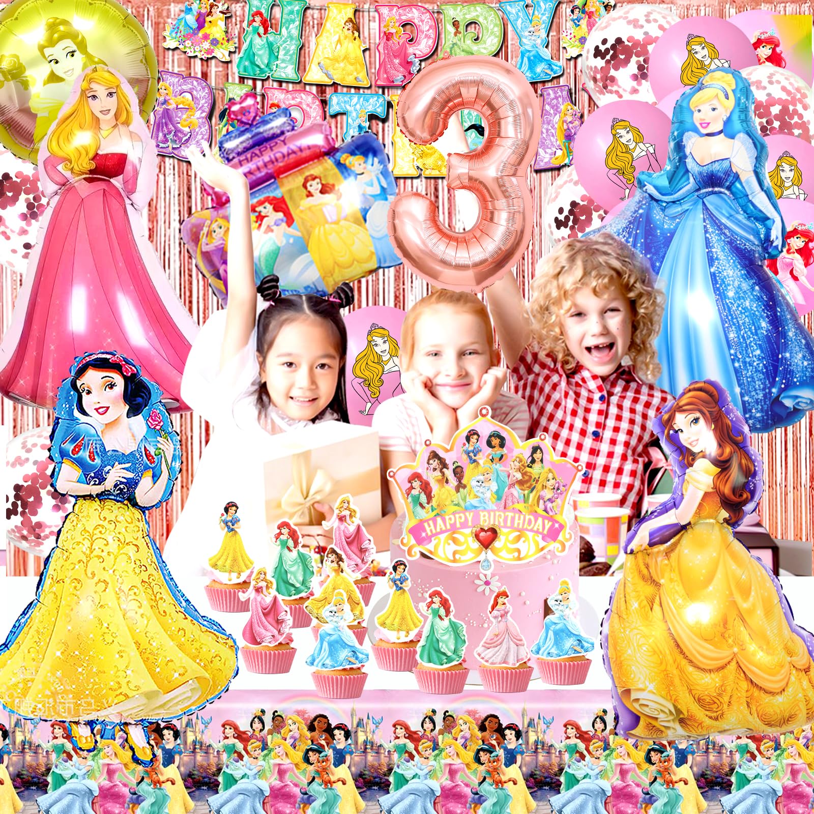 Juego de decoración de cumpleaños 3 de princesa - 53 unidades con globos, globos de aluminio y accesorios para fiestas de cumpleaños infantiles
