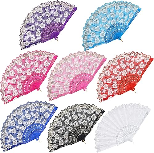 Miniatura 9 de BABEYOND 8pcs Abanico de Mano Plegable Vintage Bordado con Lentejuelas Abanico Plegable de Mano Abanico Plegable de Tela para Boda Baile Fiesta