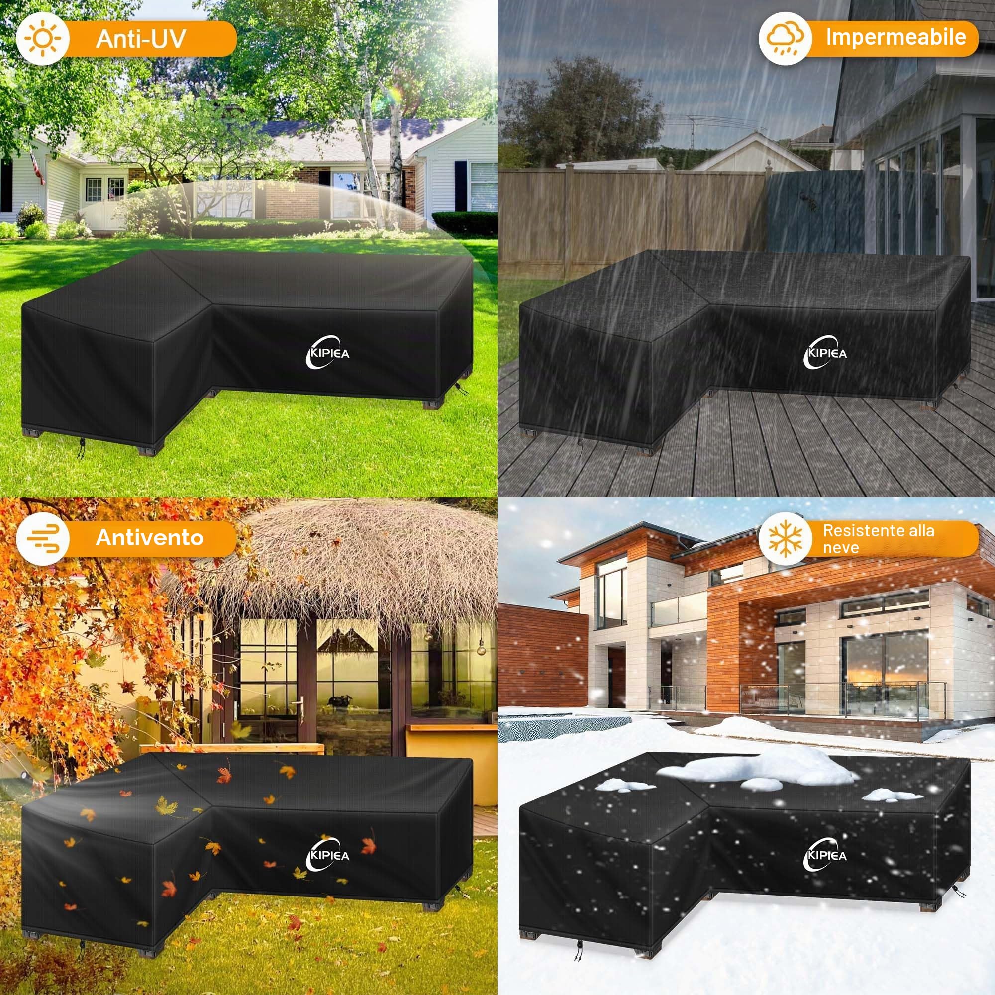 Kipiea Coperture per mobili da giardino a forma di L Impermeabili, Copertura per divano angolare da esterno 420D Tessuto Oxford Antivento, Anti-UV, Resistenti agli Strappi - ( 214x264x85x78/61cm)
