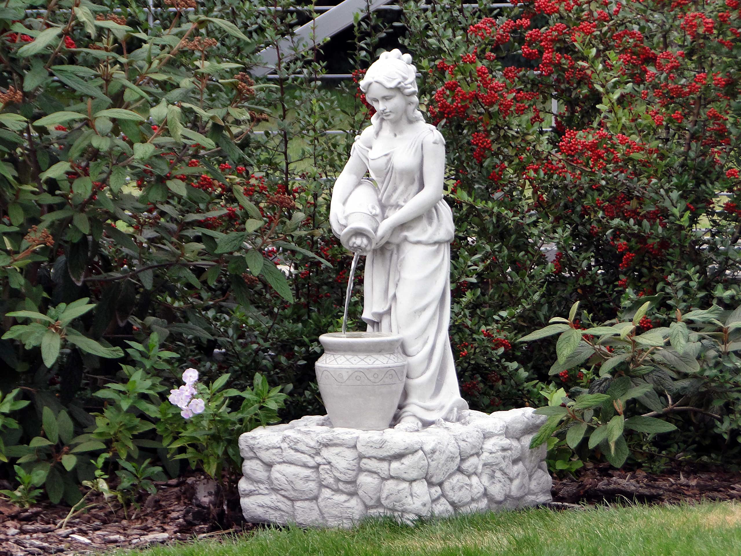 Fontana da giardino in pietra - statuetta di donna con la brocca, grande decorazione per esterni, 98 cm