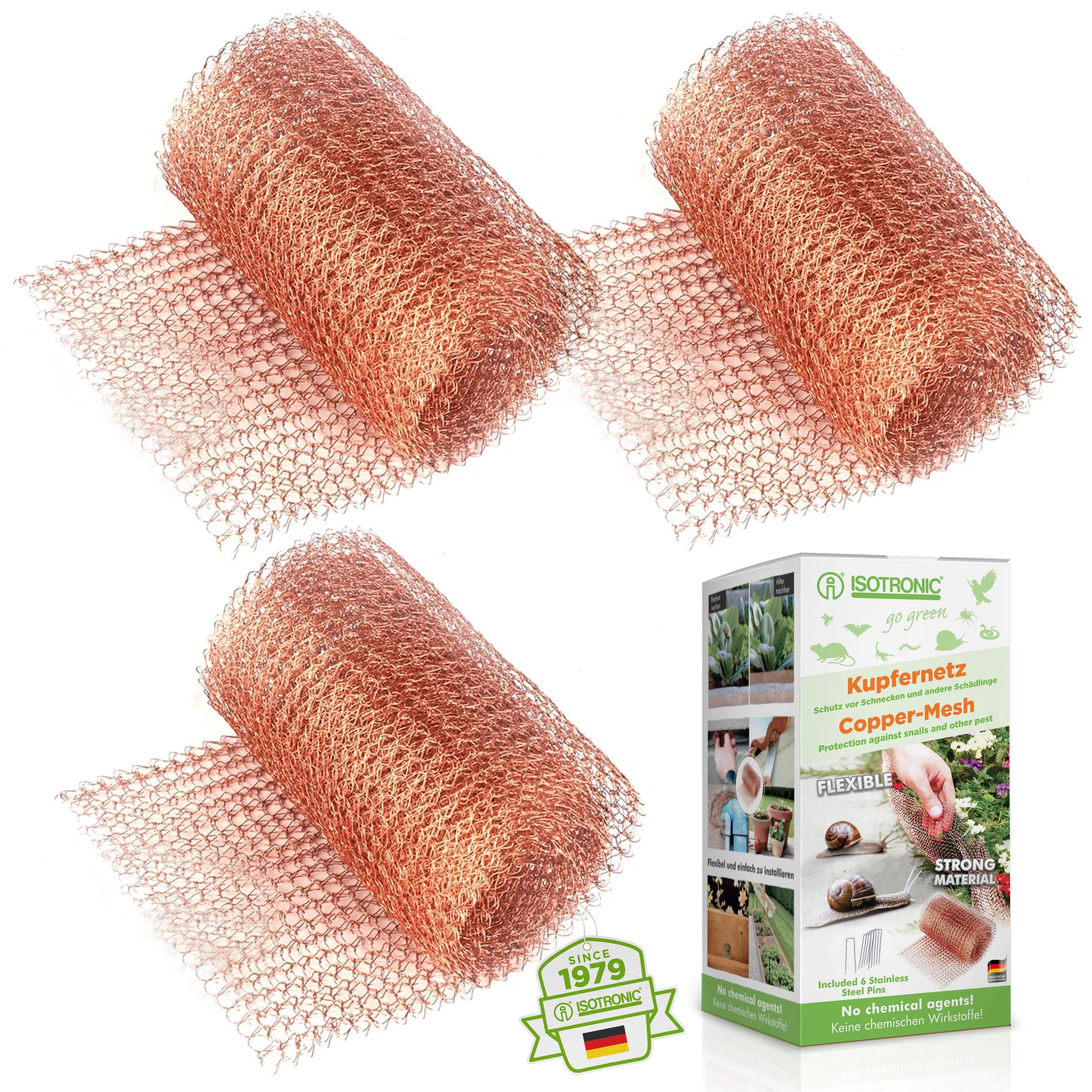 ISOTRONIC Kupfernetz zum Schutz vor Schnecken & Mäusen – 18m Kupfergitter als Schneckenschutz & Nagetierabwehr – Kupfergewebe für Beete & zum Abdichten von Löchern – Kupferband für innen & außen