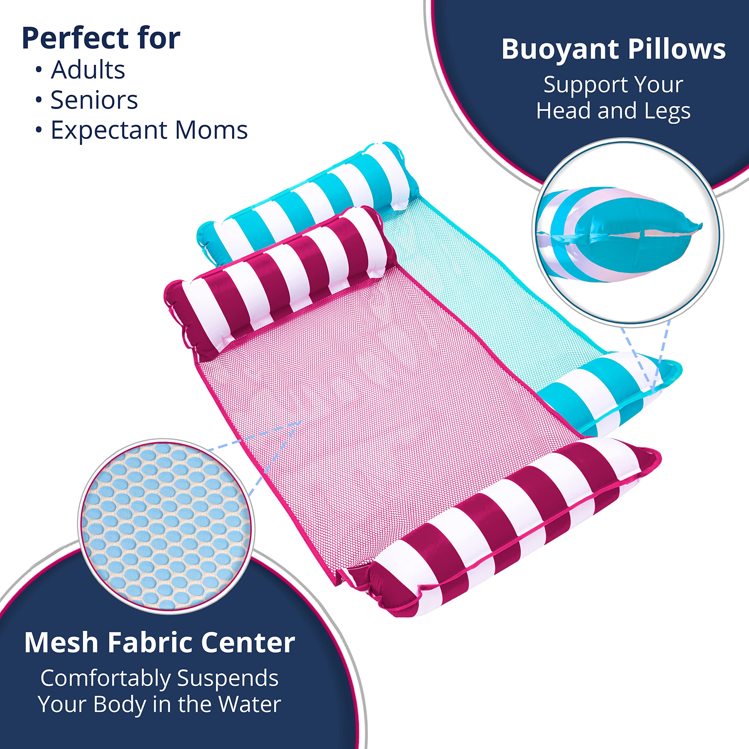 3 Pack, Aqua Original 4-in-1 Monterey Hammock Pool Float and Water Hammock, Multi-Purpose, Inflatable Pool Floats for Adults, Patented Thick, Non-Stick PVC Material, 2 Light Blue and 1 Burgundy