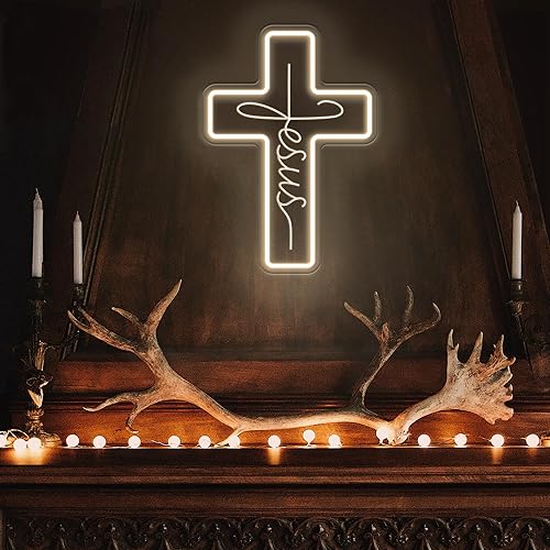 Letreros de neón con cruz de Jesús, decoración de pared LED para dormitorio, sala de estar, bodas, letrero de luz regulable para decoración del