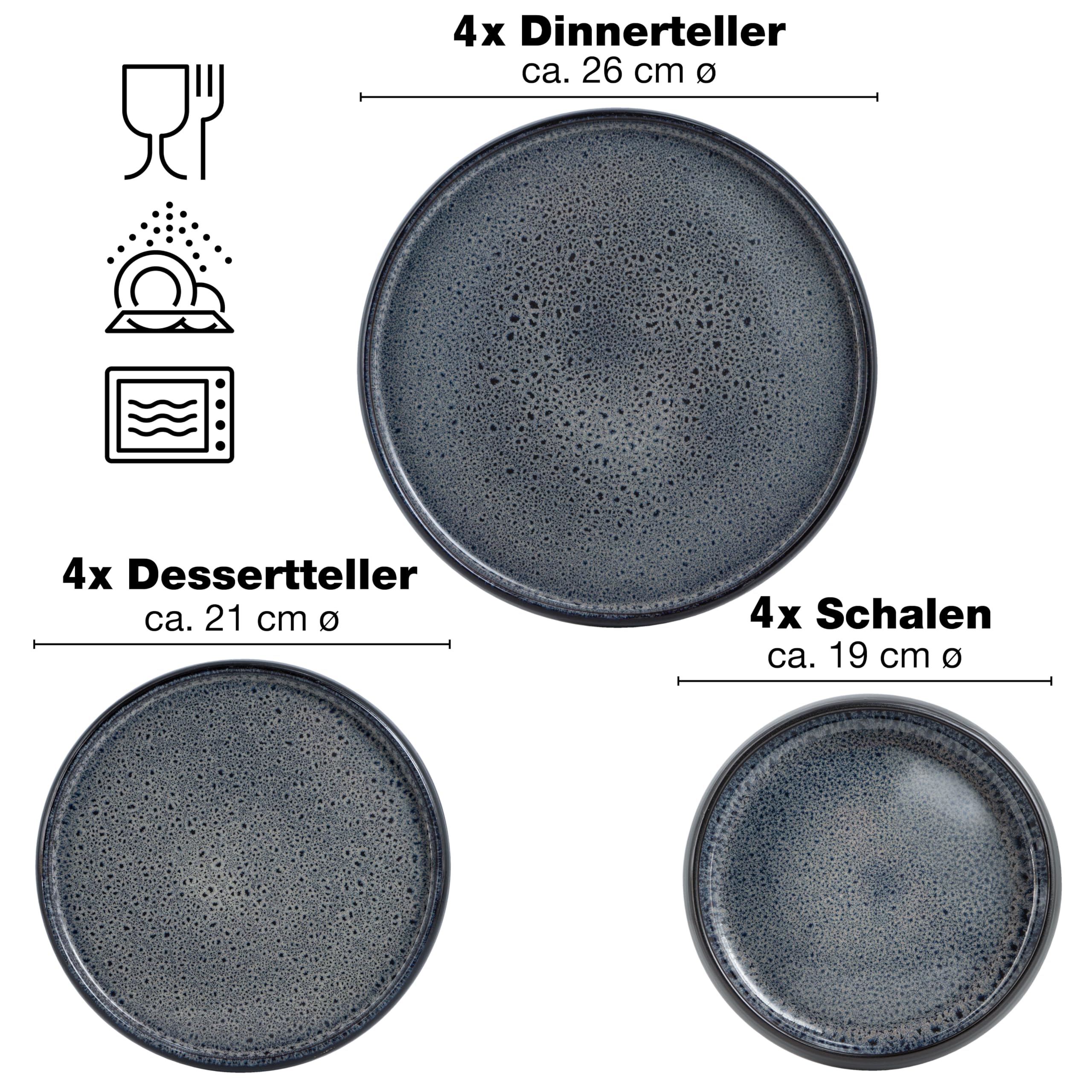Moritz & Moritz SOLID Steinzeug Geschirrset 4 Personen, 12-tlg. Geschirr Set in Anthrazit, Schüssel- und Teller Set aus besonders robustem Steinzeug, Kombiservice Tafelservice 4 Personen