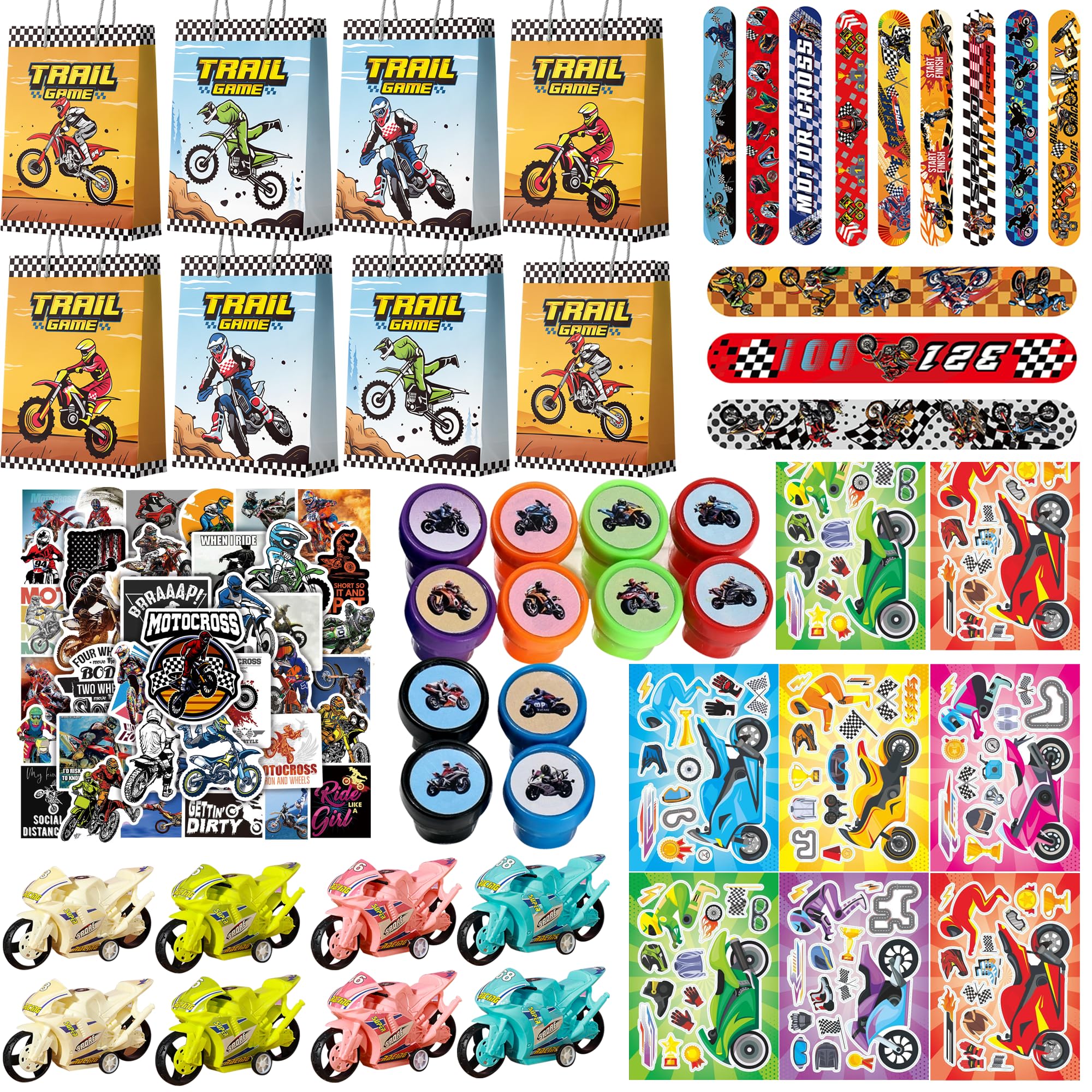 Motorcycle Party Favors, 110pcs Motocross Birthday Party Favors Set - Dirtbike Birthday Goodie Bag Slap Bracelets Stampers & Make Your Own Motorcycle Stickers etc Motocross Birthday Favors