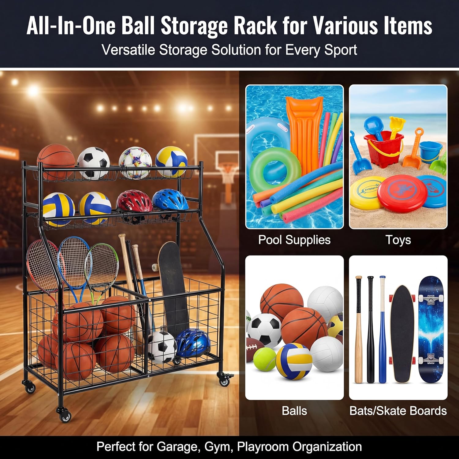 Garvee Ball Storage Cart, Sports Equipment Garage Organizer with Wheels for Sports Gear and Toys, Rolling Indoor/Outdoor Storage Cart
