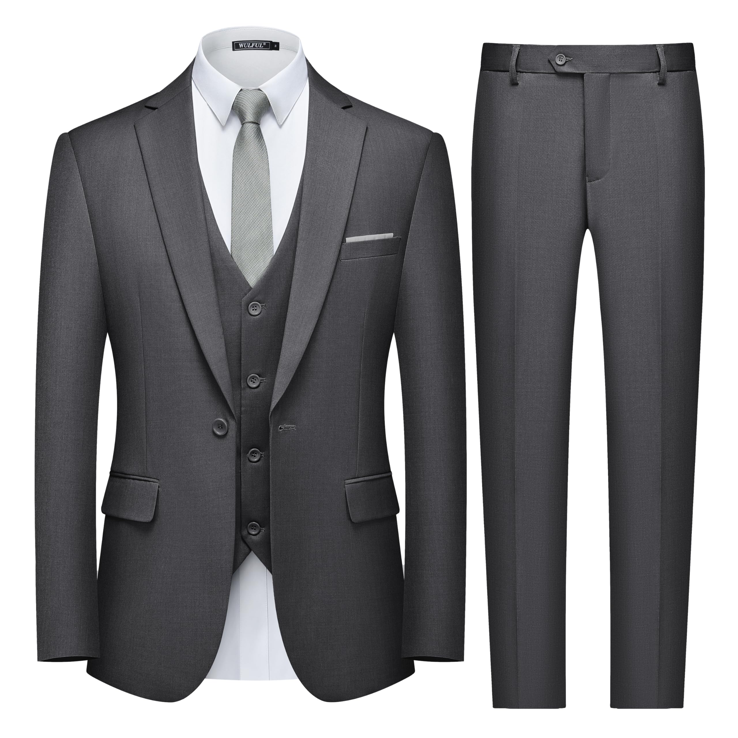 WULFUL Men's Slim Fit 3 Piece Suit, One Button Solid Blazer Business Party Jacket Vest Pants Set