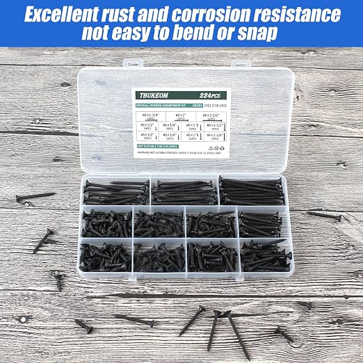#6 Tornillos para madera de cabeza plana Kit 224 piezas Autoperforantes Acero al carbono acabado negro Autoperforantes para madera miniatura 6