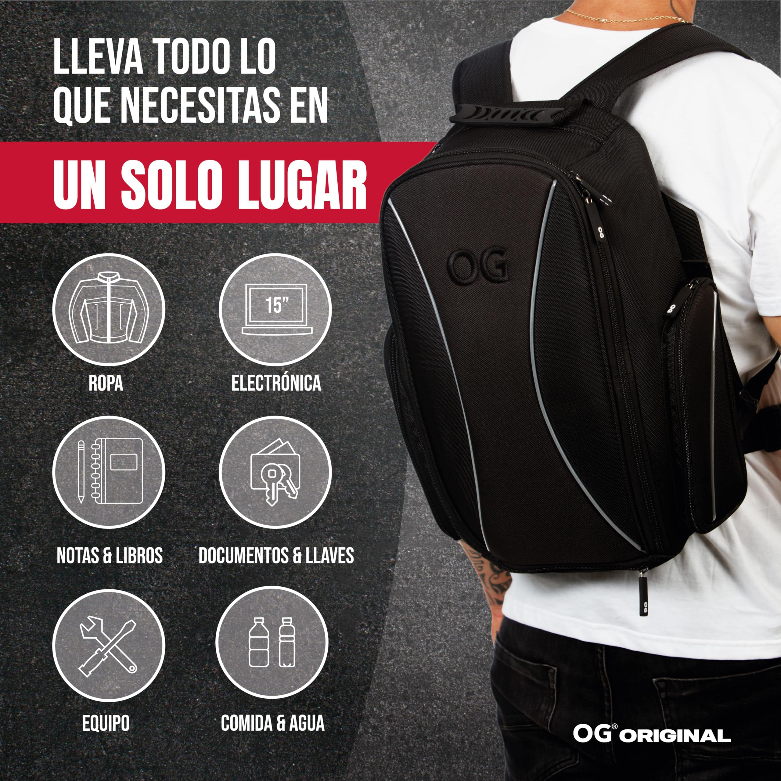 OG Original Mochila Moto GO Negra Impermeable 20L, Bolsa Porta-Cascos Motorista, Correa Casco, Ciclismo, Hombre, Portátil, Reflectante, Bolsillo Antirrobo