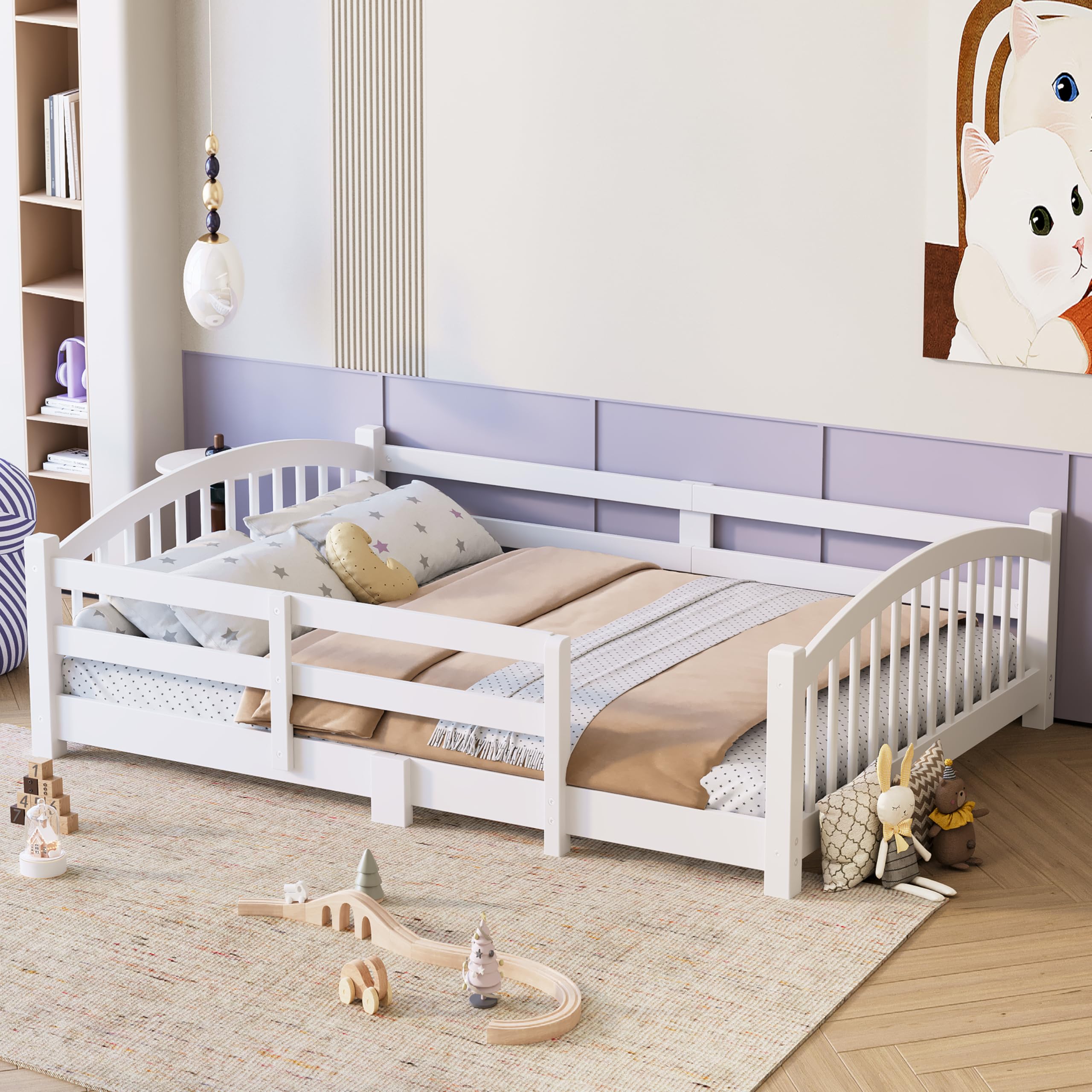 Bellemave Full Size Kids Montessori Floor Bed,Full Size Floor Bed Frame with Slats and Safety Guardrail,Solid Wood Montessori Bed for Girls Boys,White
