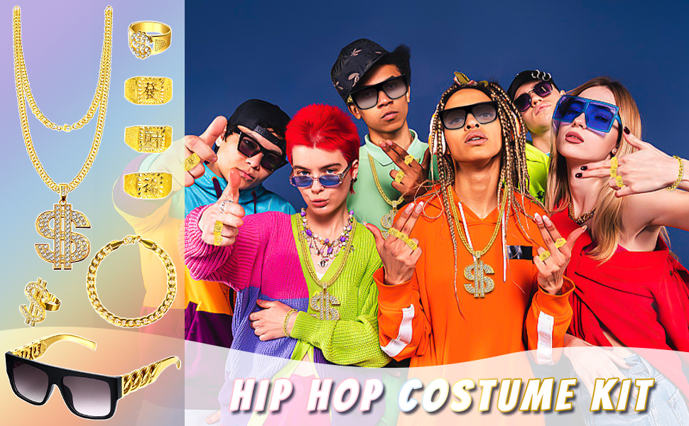 Lot de 7 costumes de proxénète, costume des années 70, 80, 90, pour homme, costume de rappeur doré, hip-hop, avec chaîne dollar, bague en or, lunettes de soleil pour homme, chapeau de Lot de 7 costumes de proxénète, costume des années 70, 80, 90, pour homme, costume de rappeur doré, hip-hop, avec chaîne dollar, bague en or, lunettes de soleil pour homme, chapeau de